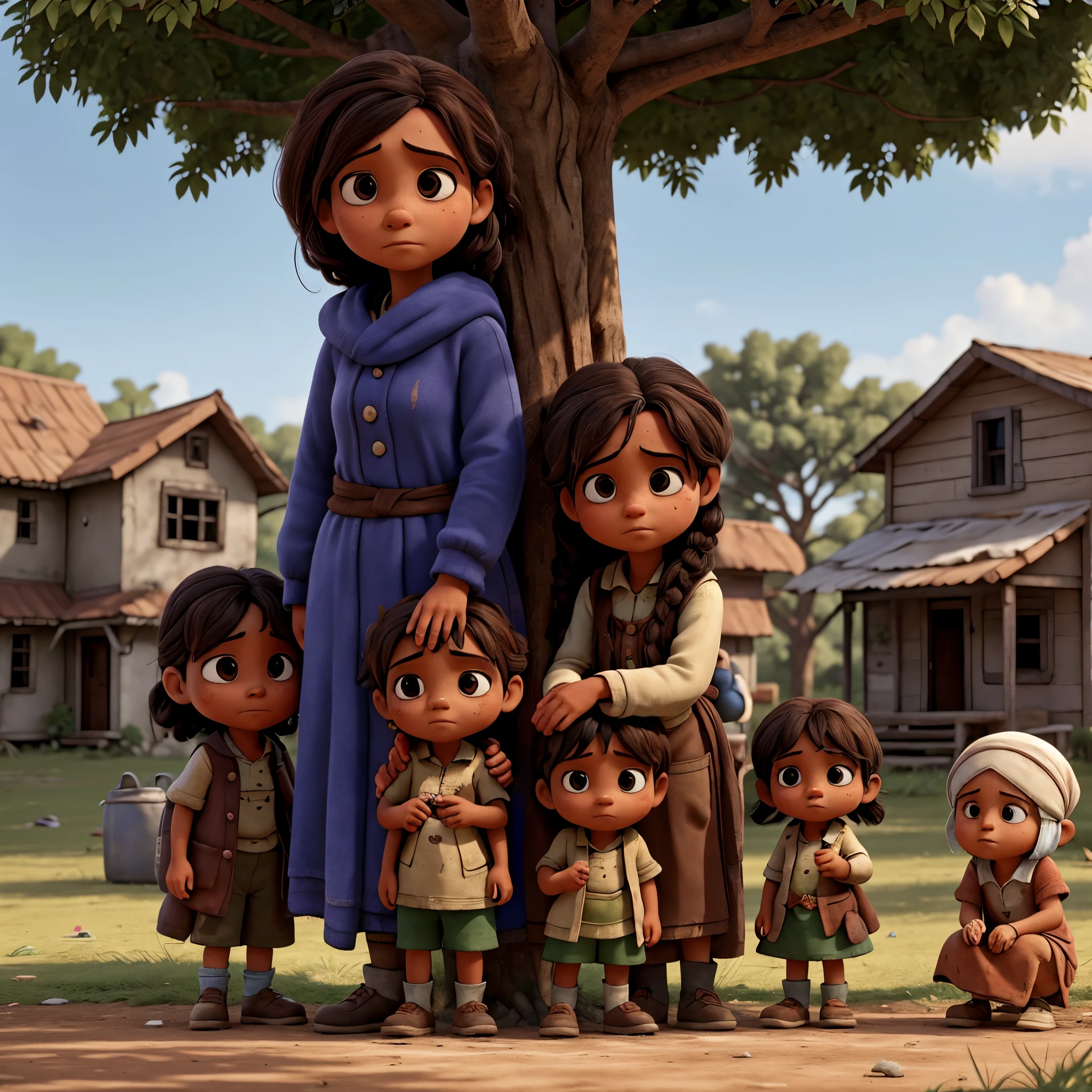 Ina Observing the Destitute Family:
Ina spots the destitute family huddled together under a tree. Their clothes are tattered, and hunger is evident in their eyes.
She stands nearby, her hand on her chin, contemplating how she can help. Narrative style of art