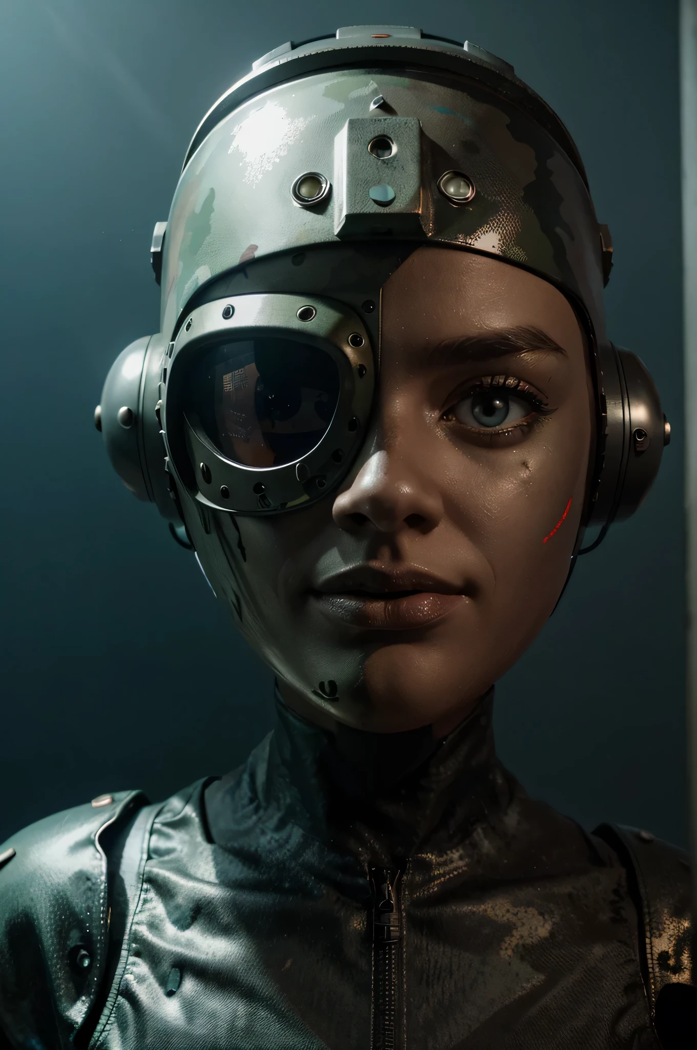 A Modern flat toon Crazy whit a Big ONE a Only Eye Robot and helmet Style, tongs in hands, Tv head, pinhead, camouflage Red Rusty, Ambient in a ocean super detailed, center, beautiful, soft lighting, focused on the character, 4K resolution, photorealistic rendering.