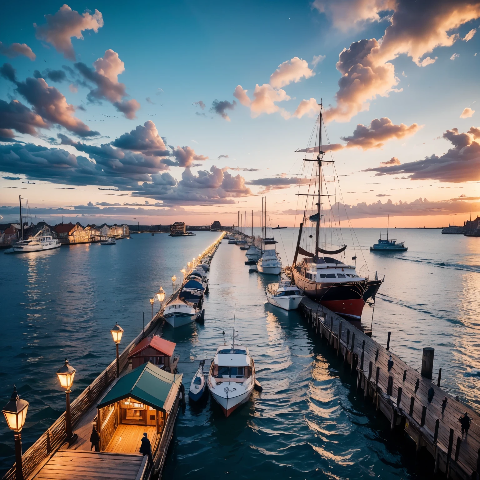 (RAW, Best quality, high resolution, masterpiece: 1.4), Shot a picture from Gdansk, beautiful cityscape, vibrant colors, intricate details, photorealistic: 1.5, ultra hd, 8k, sunset scene (Golden hour), long exposure, (dramatic: 1.2), (cinematic: 1.3), (sublime: 1.1), (epic: 1.3), wooden pier extending into the Baltic Sea, old colorful buildings lining the waterfront, seagulls flying overhead, boats docked, people strolling along the pier, romantic atmosphere, (soft: