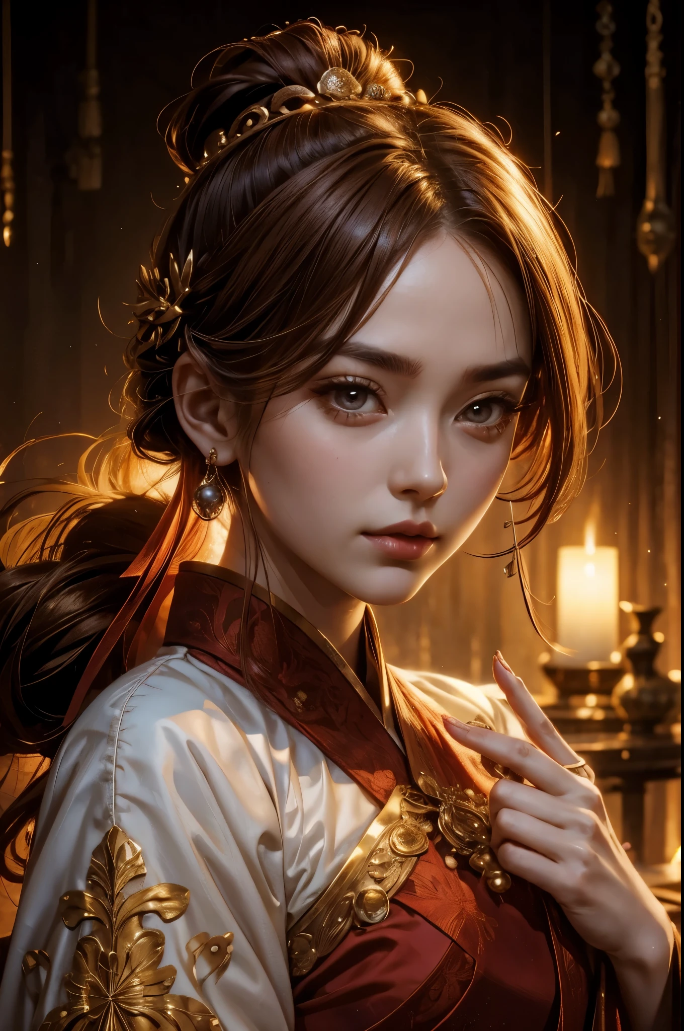 red hanfu,Complex golden crown,Pearly and round,Ladylike,Facial fullness,bright eyes,Queen's hair