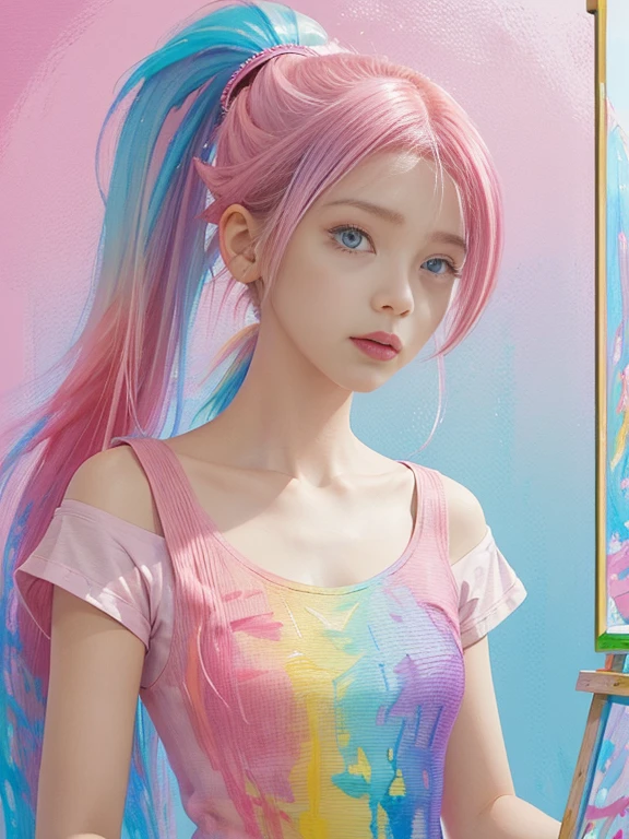 (Pink Fashion T-shirt: 1.9), (Colorful hair: 1.8), (A rainbow of colors: 1.8), (((Vertical painting: 1.6)), ((Painting: 1.6)), front, comics, illustrations, paintings, large eyes with crystal clear clarity, (Rainbow color gradient high ponytail: 1.7), exquisitely applied makeup, closed mouth, (Small and fresh: 1.5), (Wipe chest: 1.6), long eyelashes, a white off-shoulder T-shirt, (White Shoulder Shirt), gazing at the audience, watery eyes of