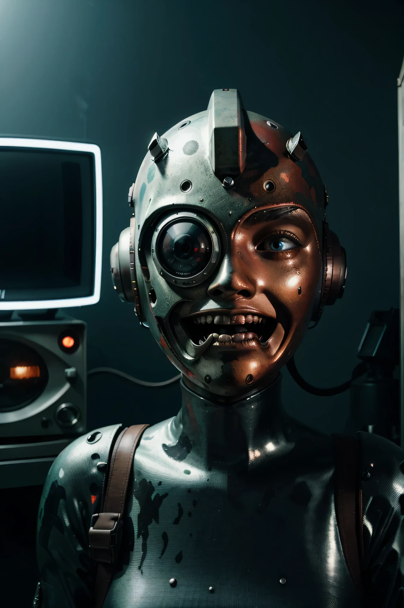 Un dibujo animado plano moderno Loco con un Big ONE, un robot con un solo ojo y un estilo de casco., pinzas en las manos, television head, cabeza de alfiler, camuflaje rojo oxidado, Super detailed ocean environment., centro, hermoso, soft lighting, centrado en el personaje, 4k resolution, renderizado fotorrealista.