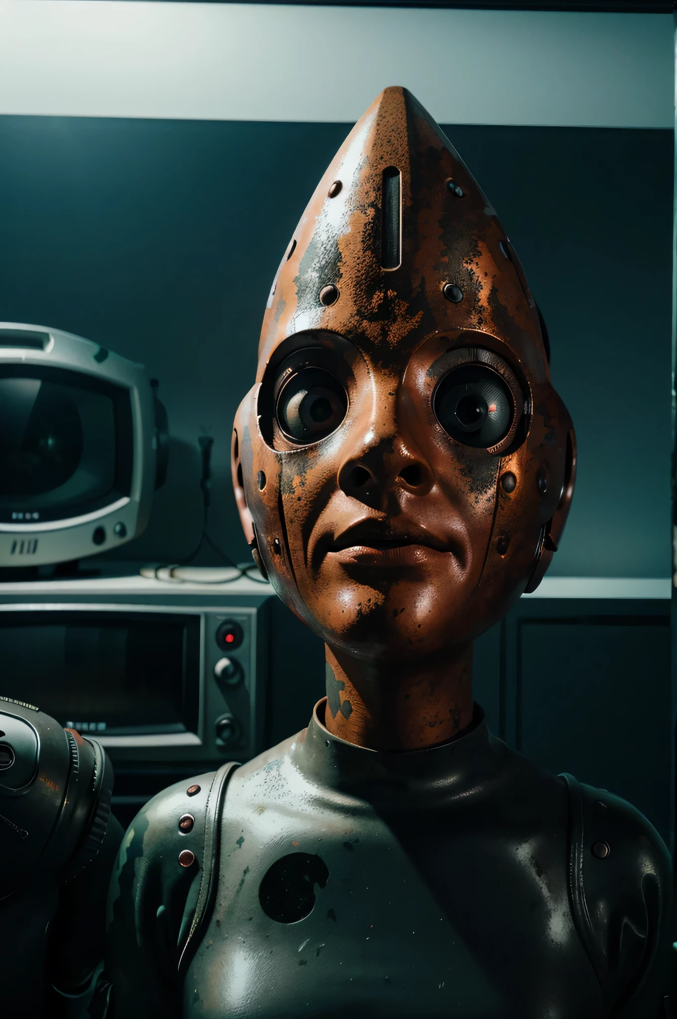 Un dibujo animado plano moderno Loco con un Big ONE, un robot con un solo ojo y un estilo de casco., pinzas en las manos, television head, cabeza de alfiler, camuflaje rojo oxidado, Super detailed ocean environment., centro, hermoso, soft lighting, centrado en el personaje, 4k resolution, renderizado fotorrealista.