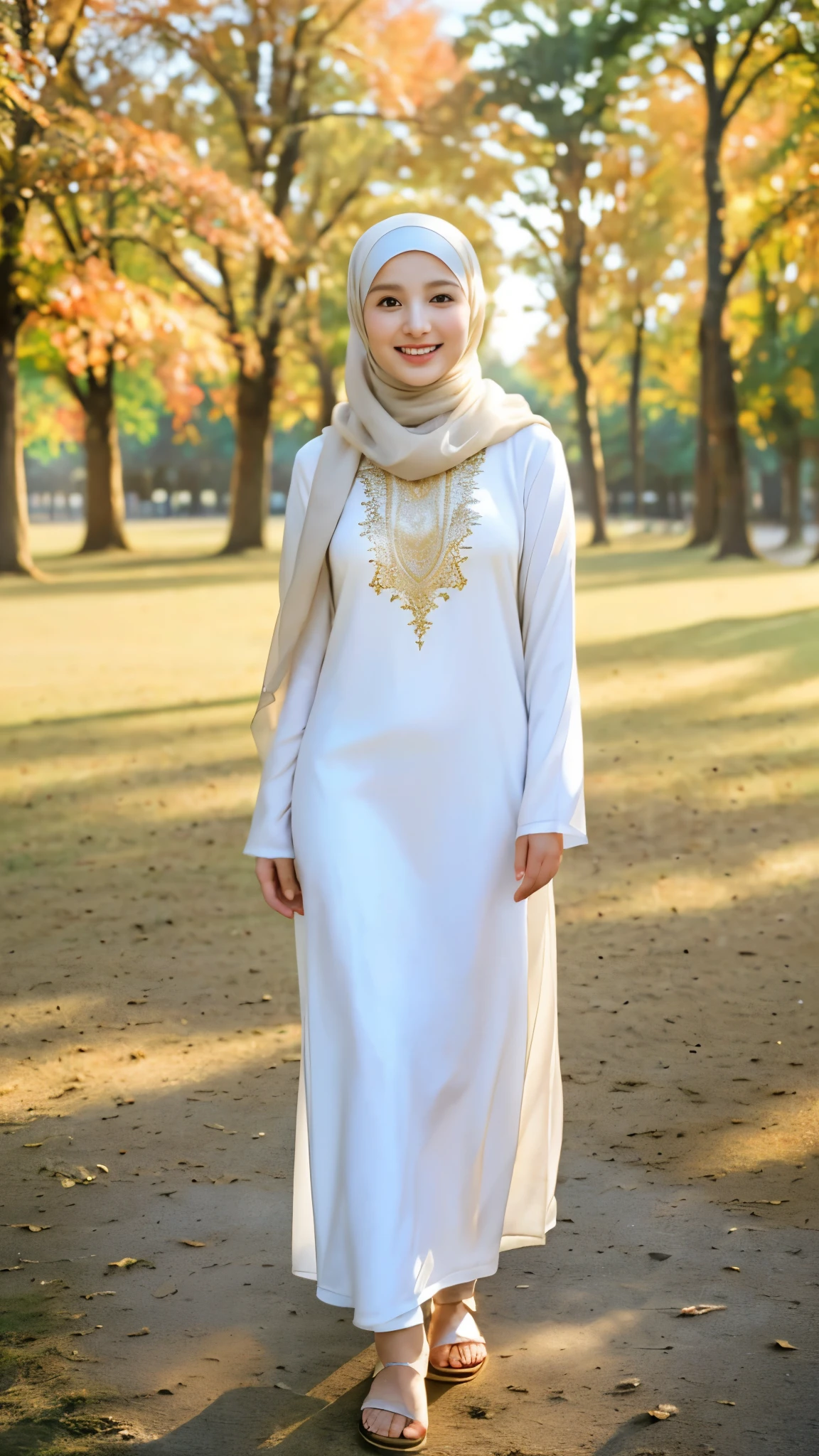 (RAW photo, best quality), (realistic, photo-realistic:1.3), 1 girl, solo girl, full body portrait, full body photo, tall background, extremely delicate and beautiful, Amazing, finely detail, masterpiece, ultra-detailed, highres,(best illustration), (best shadow),intricate,depth of filed, On a summer afternoon, a lovely white female muslim dress with tunic, pashmina hijabs, hijab, sandals, In the golden hues of autumn, creating a soothing sound, shine eyes, immersing smile in harmony with nature, No hair seen, looking at viewer, body facing to viewer, (blurry background:1.4), sharp focus, volumetric fog, 8k UHD, high quality, (film grain:1.4), apertur f/1.4,