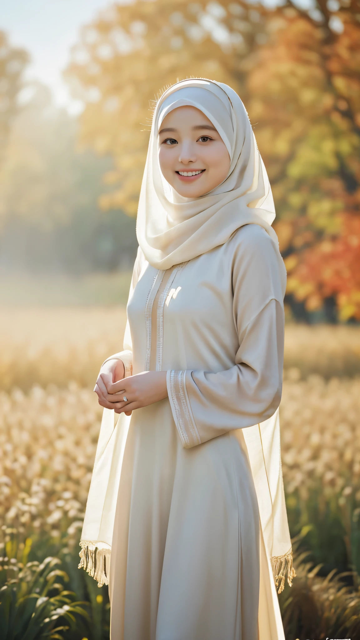 (RAW photo, best quality), (realistic, photo-realistic:1.3), 1 girl, solo girl, full body photo, extremely delicate and beautiful, Amazing, finely detail, masterpiece, ultra-detailed, highres,(best illustration), (best shadow),intricate,depth of filed, On a summer afternoon, a lovely white female muslim dress with tunic, pashmina hijabs, hijab, In the golden hues of autumn, creating a soothing sound, shine eyes, immersing smile in harmony with nature, No hair seen,(blurry background:1.4), sharp focus, volumetric fog, 8k UHD, high quality, (film grain:1.4), apertur f/1.4,