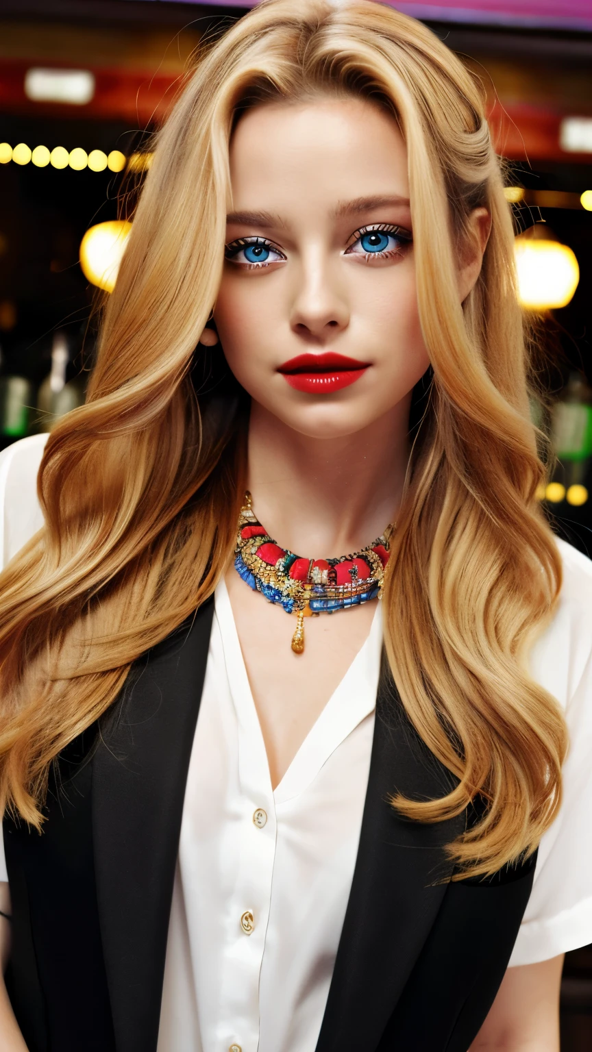 (best quality, ultra-high resolution, real, photorealistic:1.4, 8K), BREAK, a Brazilian girl, (full body:1.4), BREAK, detailed hair, long and curly blonde hair, (colorful hair:1.2), hyper-detailed face, hyper-detailed skin, white skin, blue eyes, blushing cheeks, detailed red lips, drunk, BREAK, smile, BREAK, detailed clothings, (black tuxedo:1.3, white shirts, a large and long necklace:1.4), BREAK, (in front of darts's bar:1.3, romantic lighting:1.3)