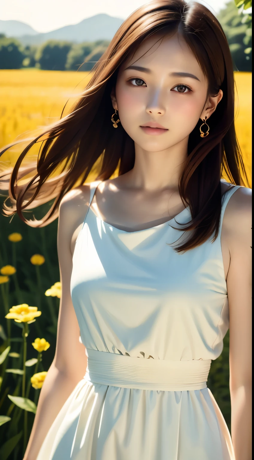 realistic, High resolution, soft light,1 female, １６age、、Japanese、alone, waist rises high, glowing skin, (detailed face),jewelry, brown hair, white_Dress Flower Field,(dynamic angle:1.1),Brilliant,Soft and warm color palette, delicate brushstrokes, Targeted use of light and shadow, wide shot,The deliciousness of wilted flowers,high contrast,color contrast,Masseter muscle part:1.3、