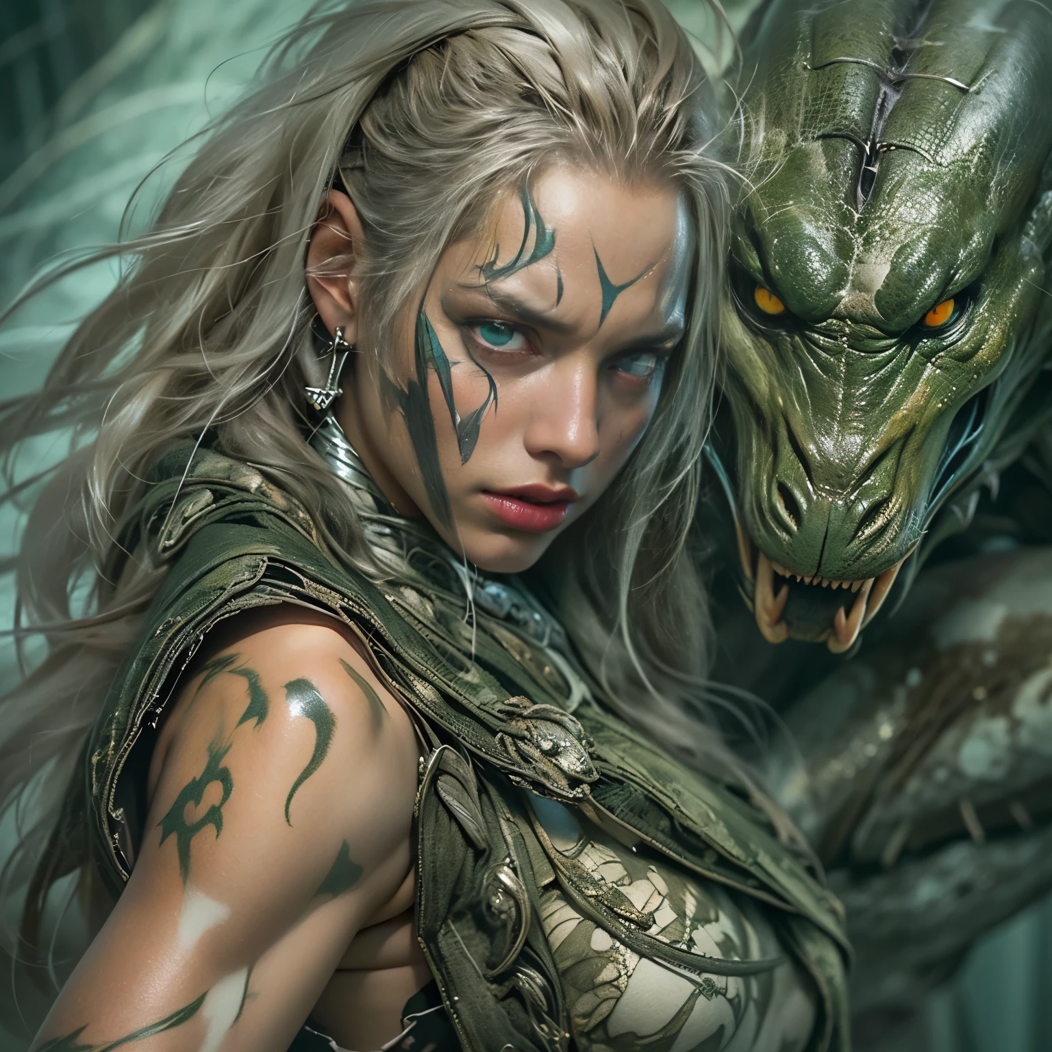 1 female alien, The predator, (extremely beautiful:1.2), (intense gaze:1.4), (predator:1.1), long dark claws, (NSFW:1), nipples, thick eyebrows, (She has shining green eyes:1.2), the most beautiful face in the universe, platinum hair, symmetrical beautiful eyes, hyper detailed eyes,
A woman predator with an extremely beautiful face, her intense gaze fixed on her prey, a primal force that could not be denied.
(beautiful lean body:1.5), (muscular build:1.2), (prowling:1.3), (sleek movements:1.4)
Her beautiful body, muscular and toned, moved with sleek grace as she prowled, ready to strike at a moment's notice. The predator within her was always on,
cinematic drawing of characters, ultra high quality model, cinematic quality, detail up, (Intricate details:1.2), High resolution, High Definition, drawing faithfully, Official art, Unity 8K wall , 8K Portrait, Best Quality, Very High resolution, ultra detailed artistic photography,