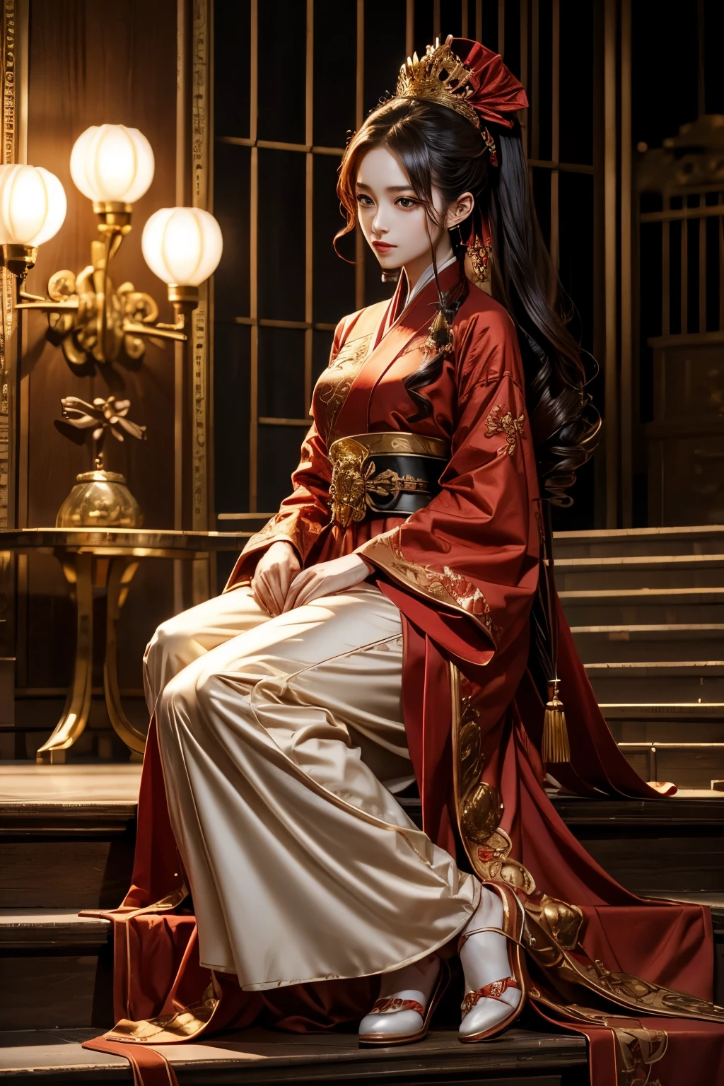 red hanfu,Complex golden crown,Pearly and round,Ladylike,Facial fullness,bright eyes,High hairpin step by step