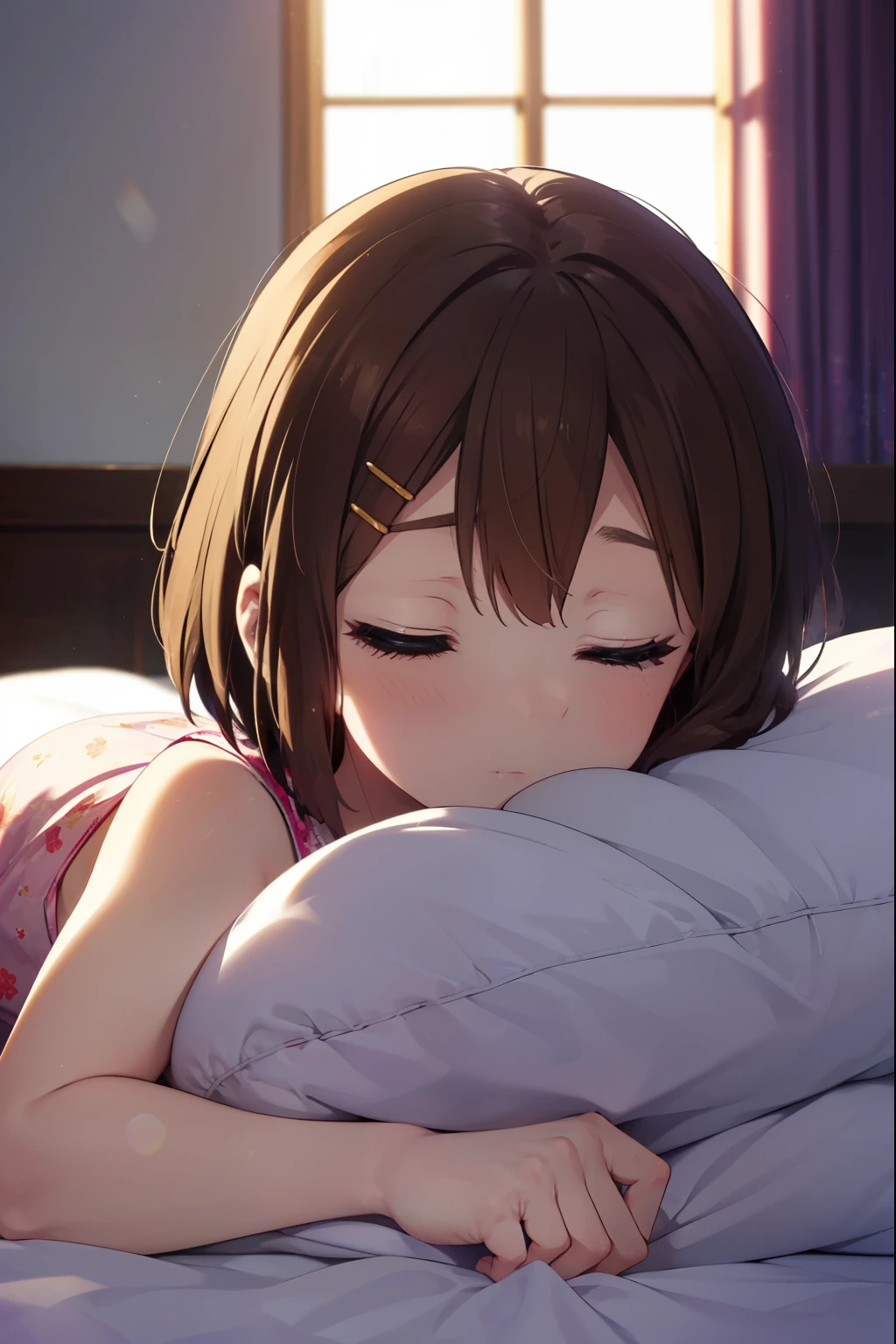 yuihirasawa, yui hirasawa, short hair, brown hair, hair ornaments, sleeping with both eyes closed,windows，romantic starry sky，A meteor crosses,red pajamas,red pajamasズボン,barefoot,sleeping in bed,night,sleep with your head on the pillow,sleep in bed,dark room,night, 　　　　　　　　　　　　　　　　　　　break indoors, Bedroom, 　　　　　　　　　　　　　　　　break (masterpiece:1.2), highest quality, High resolution, unity 8k wallpaper, (shape:0.8), highly detailed face, perfect lighting, Very detailed CG, (perfect hands, perfect anatomy),