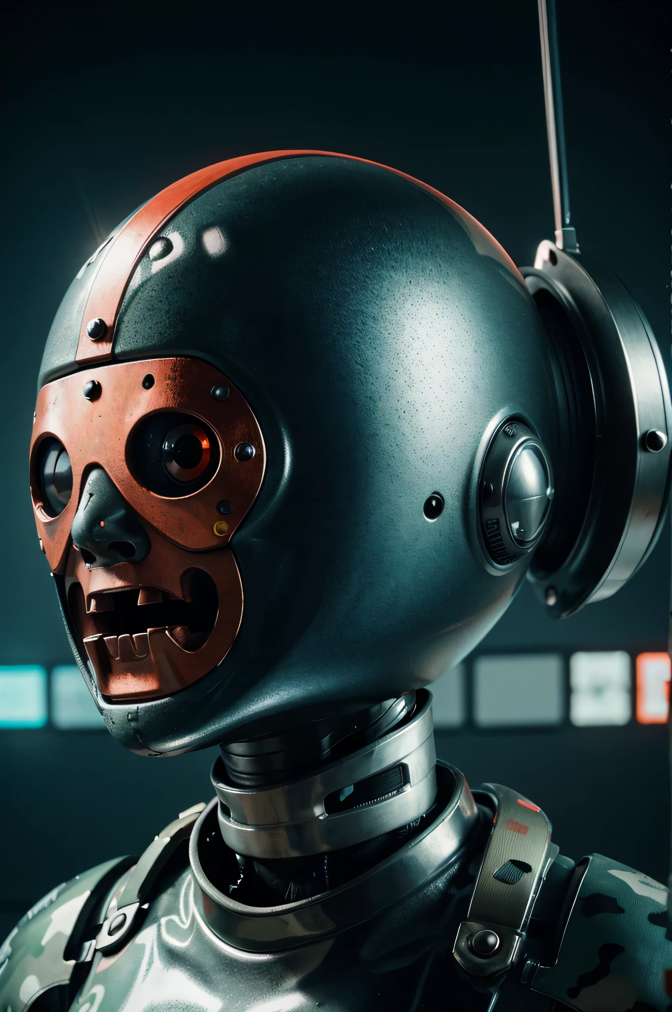 Un dibujo animado plano moderno Loco con un Big ONE, un robot con un solo ojo y un estilo de casco., pinzas en las manos, television head, cabeza de alfiler, camuflaje rojo oxidado, Super detailed ocean environment., centro, hermoso, soft lighting, centrado en el personaje, 4k resolution, renderizado fotorrealista.