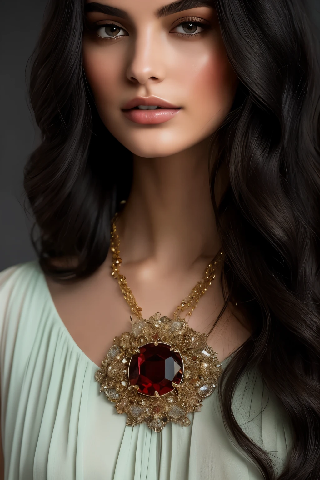 A captivating image of a brunette woman in a golden dress, exquisitely rendered in the style of intricately detailed resin jewelry. The dress shimmers with a rich, warm gold hue, adorned with delicate, eye-catching designs in the colors of dark silver and dark red. The woman's serene and calm beauty is emphasized through the use of soothing, complementary tones of light emerald and light black. The composition of the piece evokes a dreamy and romantic atmosphere, with the contrasting colors adding depth and intrigue. The light red and dark black accents add a classic elegance to the overall design, creating a truly impressive and timeless work