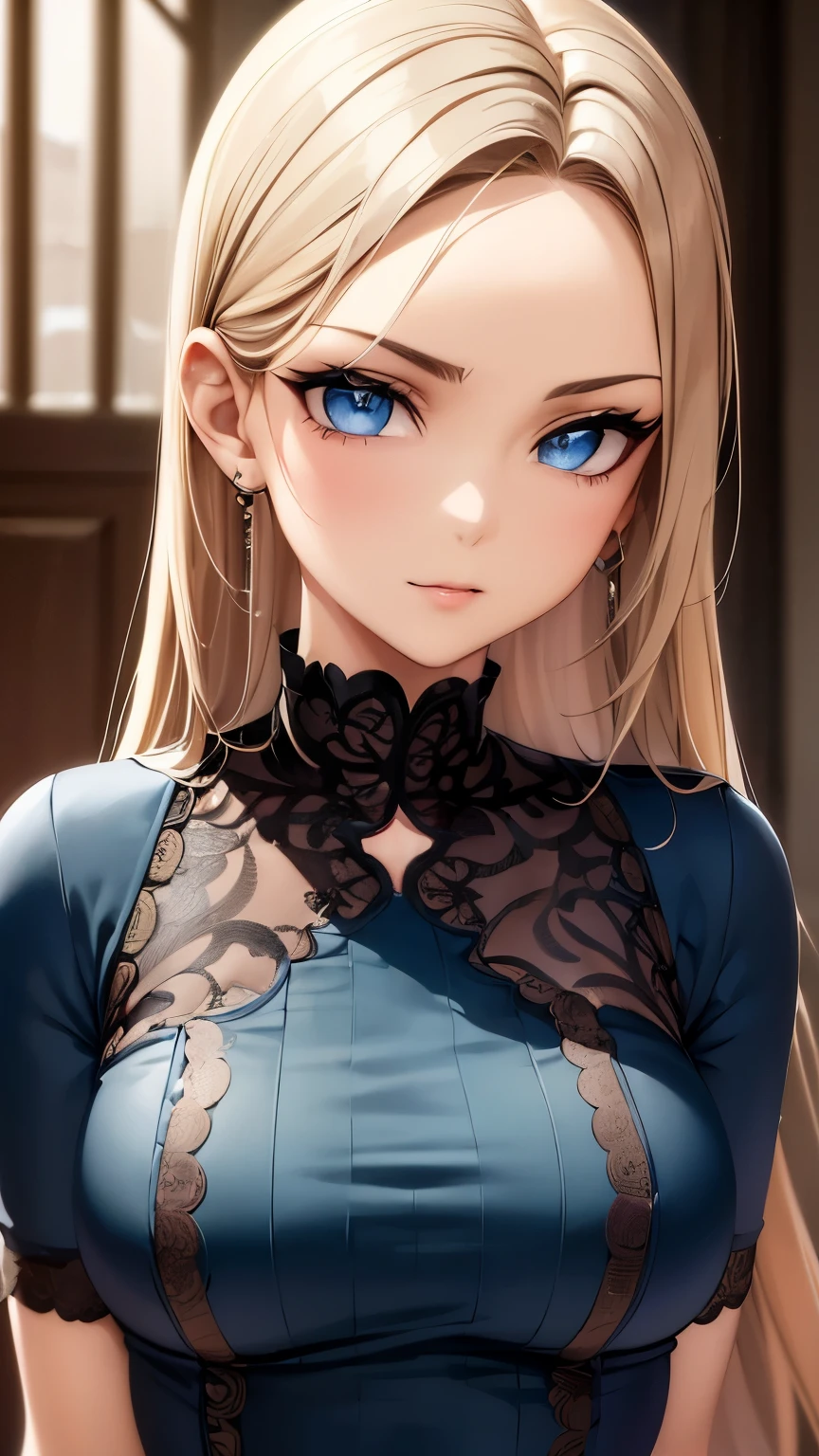 blond woman with long hair and blue dress posing for a picture, realistic anime artstyle, photorealistic anime girl render, smooth anime cg art, anime realism style, realistic artstyle, realistic young anime girl, gorgeous digital painting, realistic anime 3 d style, beautiful anime portrait, realistic anime art style, closeup character portrait, 3 d anime realistic, anime style portrait