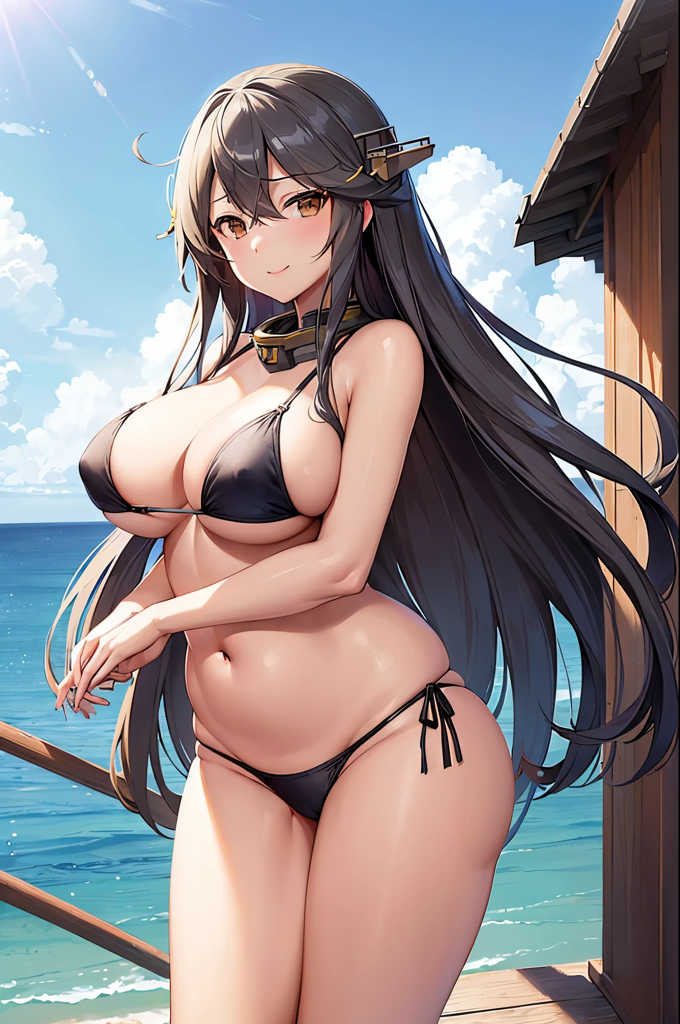 (((masterpiece))),(((high resolution)))、((alone))、((Kantai Collection Haruna))、beautiful face、Swimsuit only、Bikini only、elegant、big breasts、white skin、plump thighs and stomach、Plump、Standing and staring at me、bewitching smile、whole body、Low - Angle、[NSFW]、Upper body
