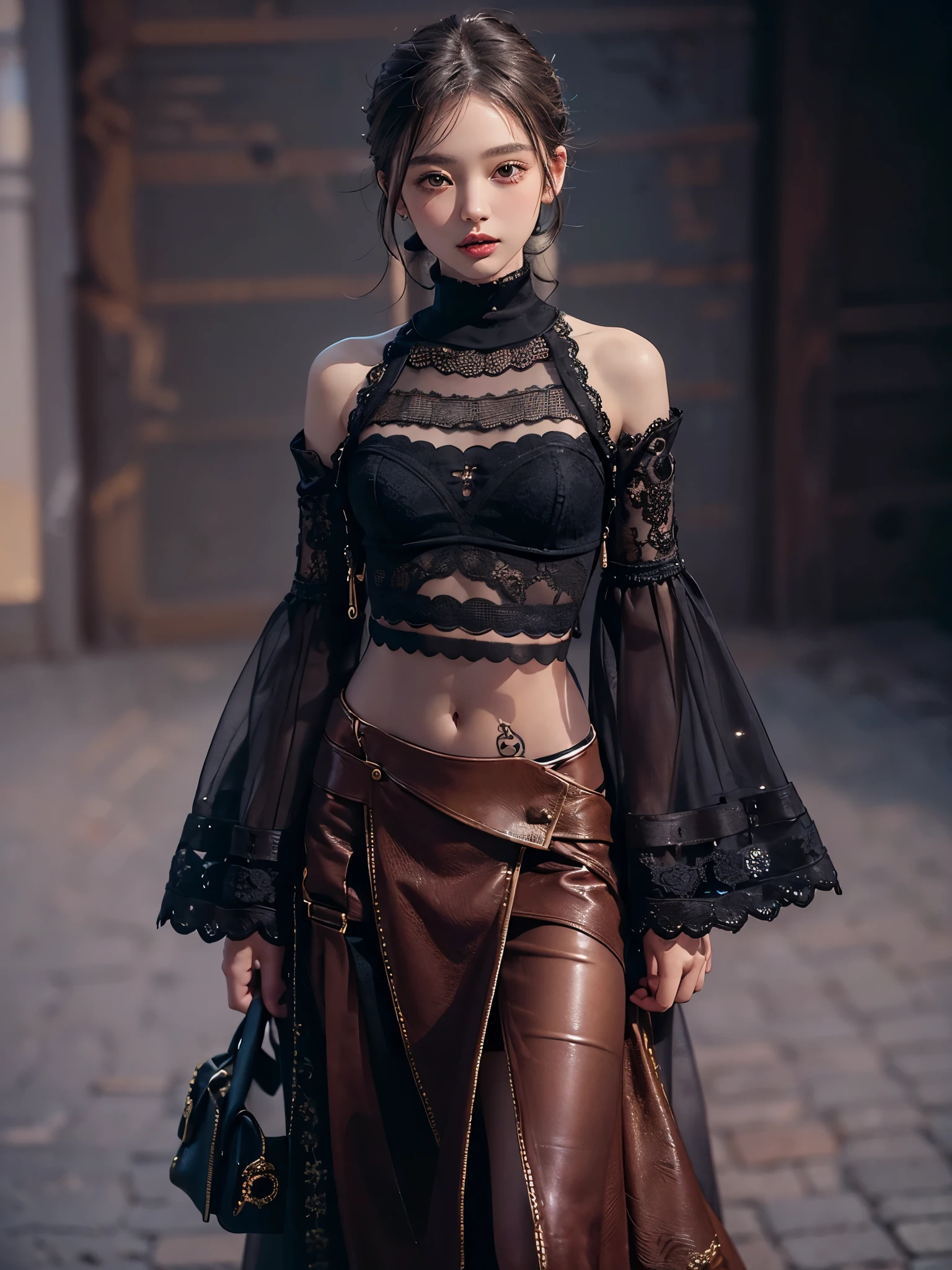 A woman in a black top and brown skirt walking down a street - SeaArt AI