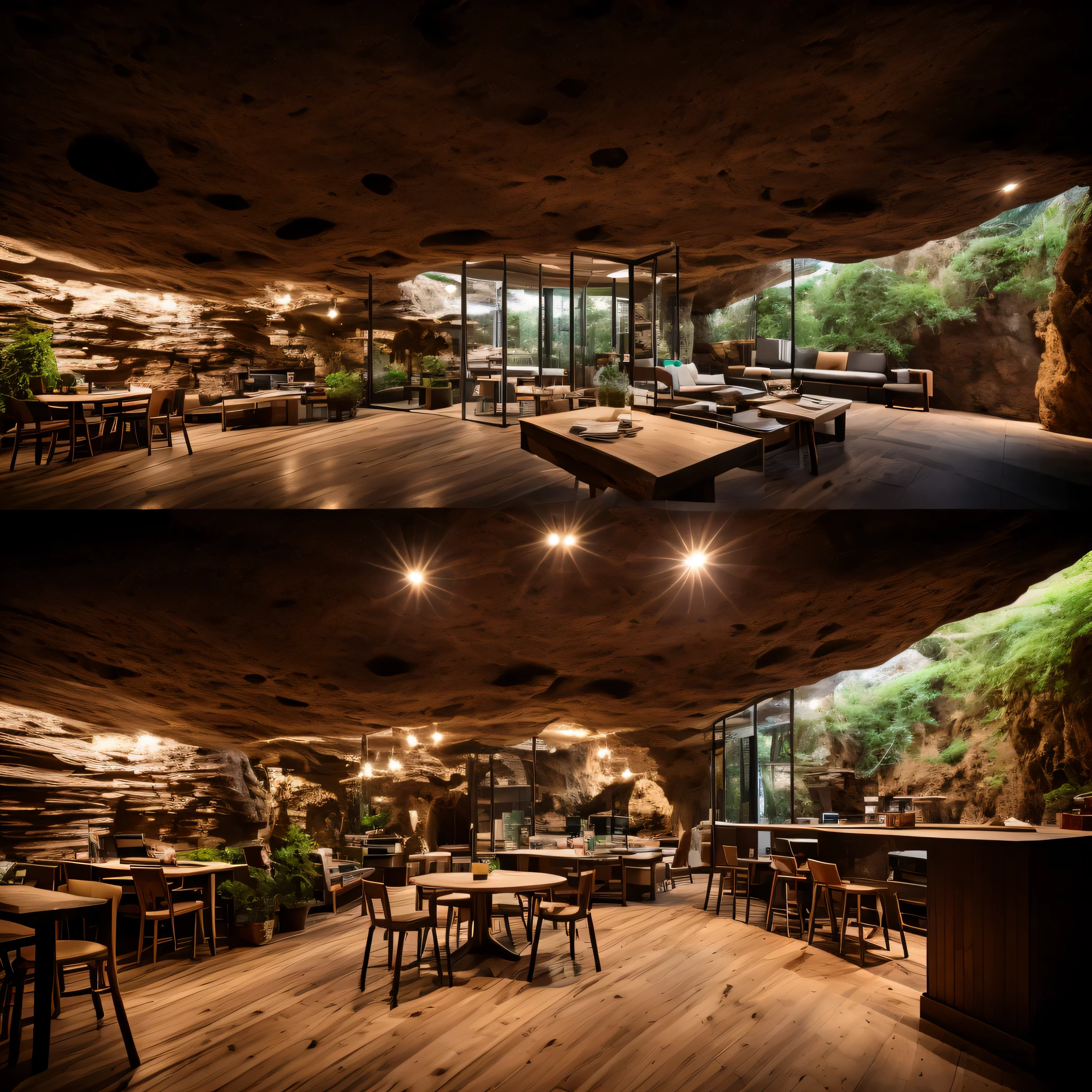 a modern building with cave, ceiling, glass door, nature old wood table, chair wood, ceiling painting, mini stage, city view, lots of plants and room with brick tiles floor, with realistic proportions and textures, grill table, stone wall, cave wall, old table classic, night, light