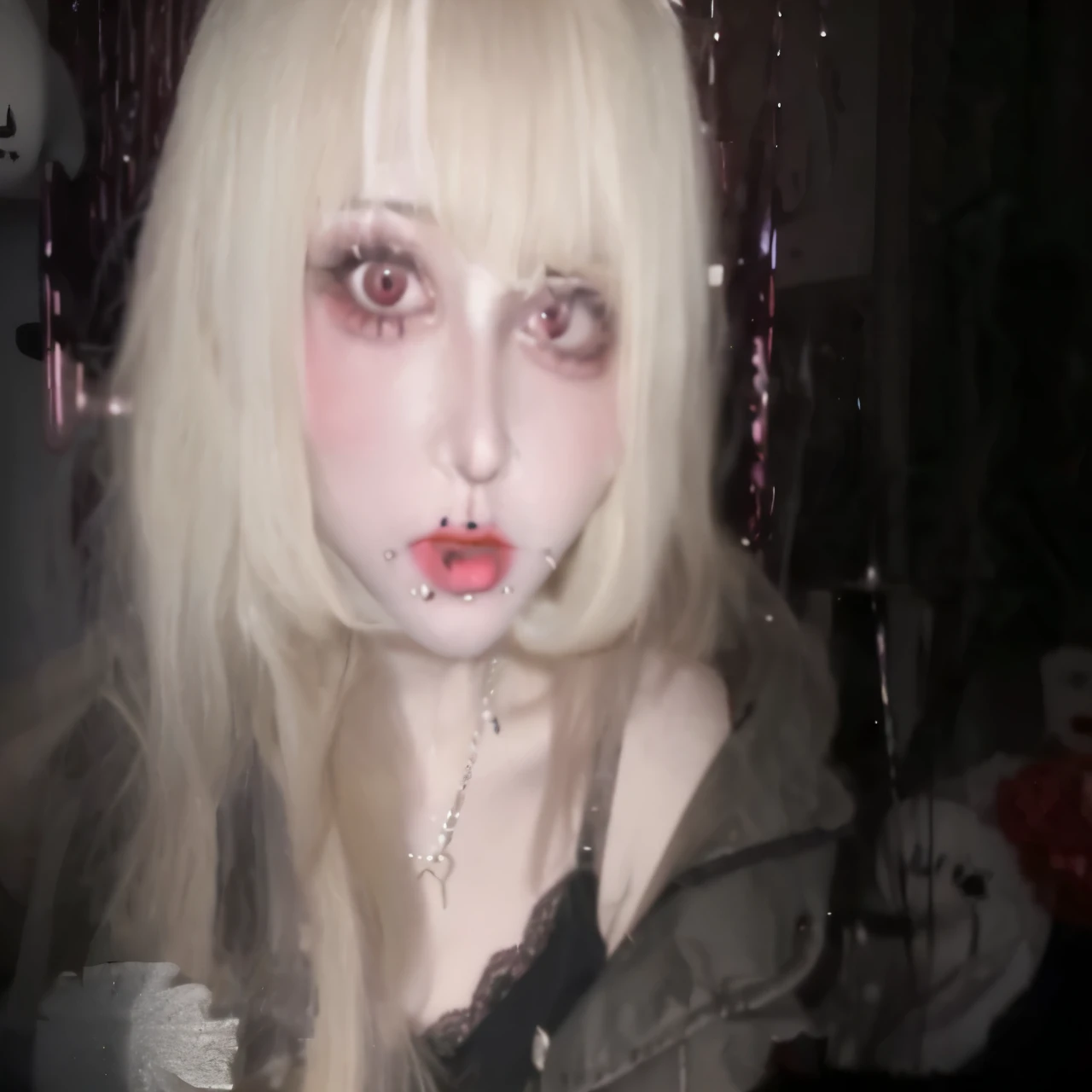 Blonde woman with piercings and earrings on her face, Spooky cute, scary expression, 1 7 - anime goth girl, Ahegao face, Belle Delphine, pale young ghost girl, With black sclera eyes, cruel korean goth girl, with shining red eyes, Spooky aesthetics, with a large head and big eyes