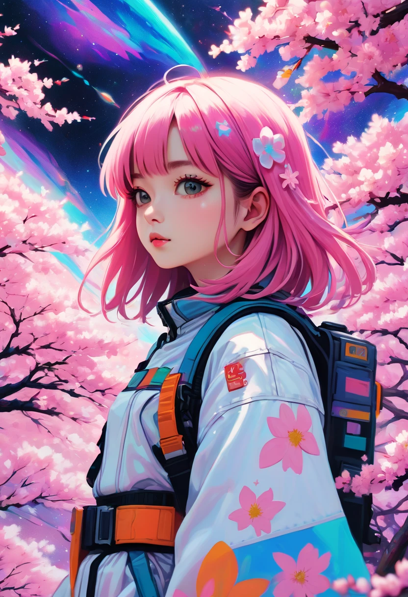 Psychedelic Sakura Space , Very detailed, Vibrant Color Lisa Candid Style,Sakura girl, Layered art,