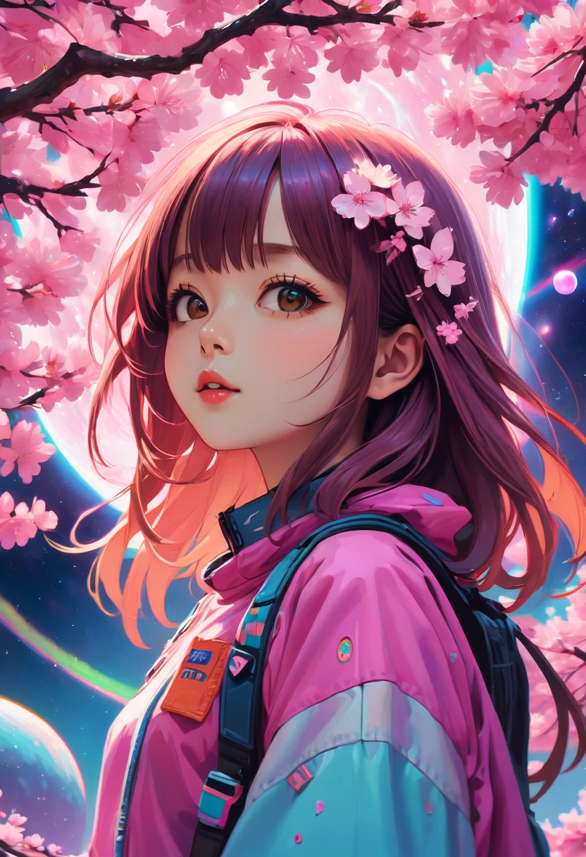 Psychedelic Sakura Space , Very detailed, Vibrant Color Lisa Candid Style,Sakura girl, Layered art,