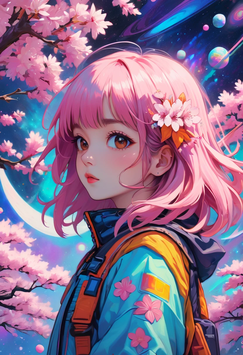 Psychedelic Sakura Space , Very detailed, Vibrant Color Lisa Candid Style,Sakura girl, Layered art,