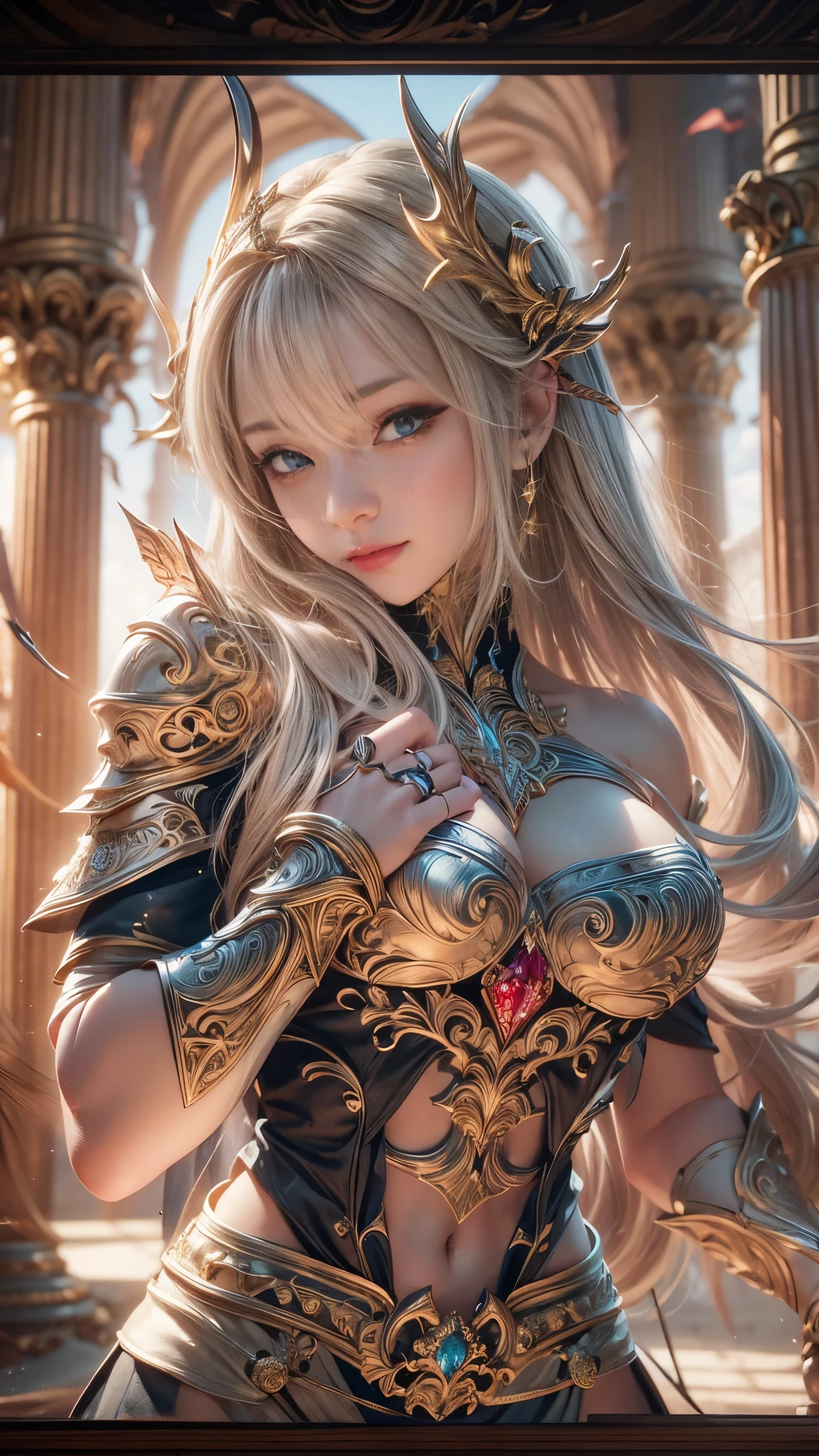 (RAW shooting:1.5, Photoreal:1.5, 8k, highest quality, masterpiece, ultra high resolution), medieval europe, world of magic and swords, perfect dynamic composition:1.2, Mysterious:1.3, Highly detailed skin and facial textures:1.3, cute and sexy slim female warrior, beautiful and aesthetic:1.1, cute and sexy beauty, perfect style, wear elaborate rings, Pose holding a long sword:1.3, fire, water, Wind, thunder, ice, Fair skin, very beautiful face, (Medium chest, Chest gap), (embarrassing smile, The expression on your face when you feel intense caress, Facial expression when feeling pleasure), (sexy gold metallic armor:1.1, off shoulder, Navel exposure), (beautiful blue eyes, Eyes that feel beautiful eros:0.8), (Too erotic:0.9, Bewitching:0.9), full body shot, Ancient castle in the background