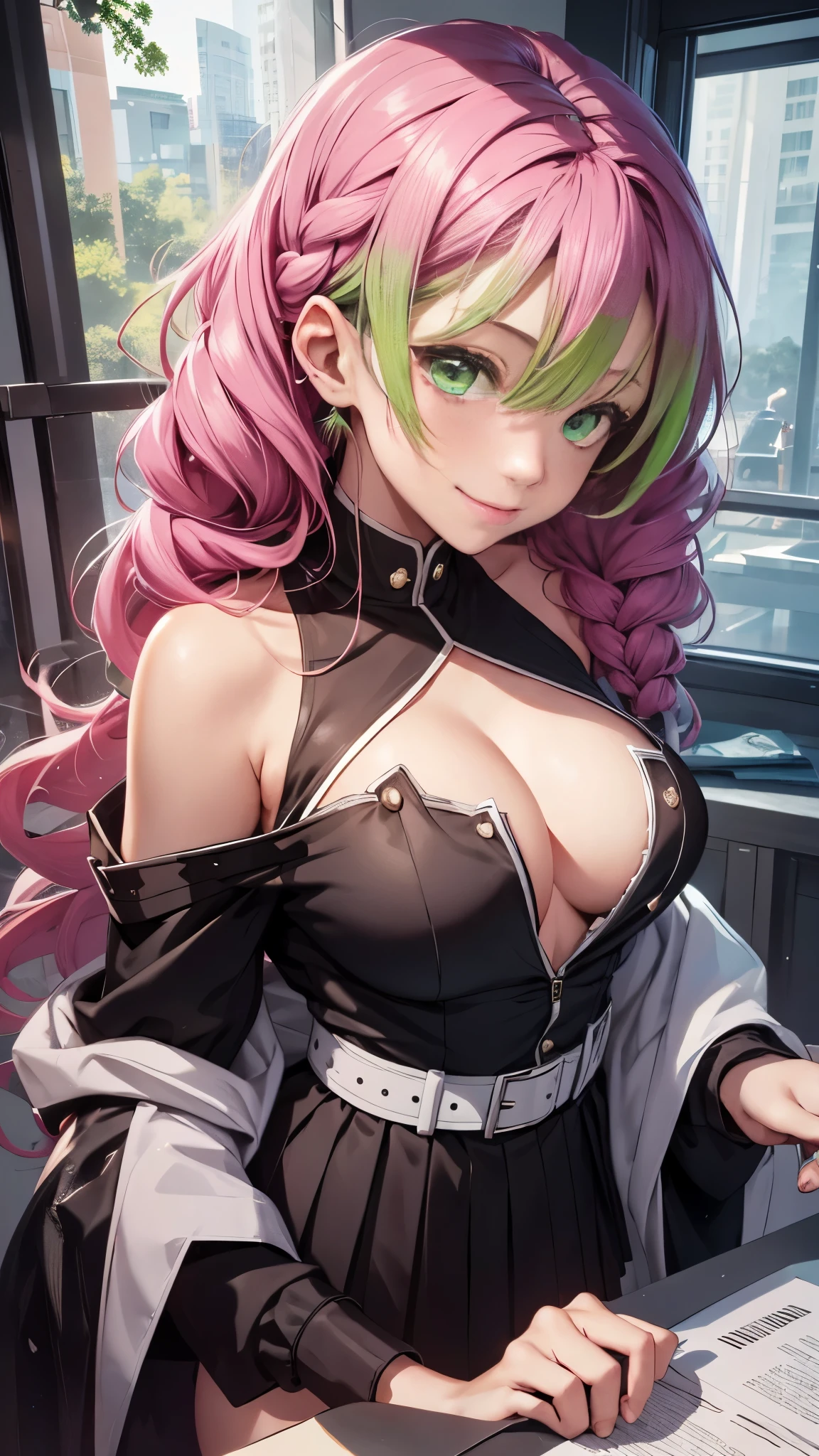 Mitsurikan Logi, Mitsuri Kanroji, Braid, gradient hair, (green eyes:1.5), green hair, long hair, mole,  mole under the eyes, colorful hair, pink hair, Twin Braids, two tone hair,
brake belt, 黒のskirt, cleavage, coat, demon slayer uniform, Haori, generally, long sleeve, ミニskirt,  partially unbuttoned, プリーツskirt, skirt, uniform,
break looking at viewer,
rest indoors,
break (table top:1.2), highest quality, High resolution, unity 8k wallpaper, (figure:0.8), (detailed and beautiful eyes:1.6), highly detailed face, perfect lighting, Highly detailed CG, (perfect hands, perfect anatomy),colorful hair, The whole body is reflected, (off shoulder costume:1.5), ((chest wide open and exposed)), (smile),