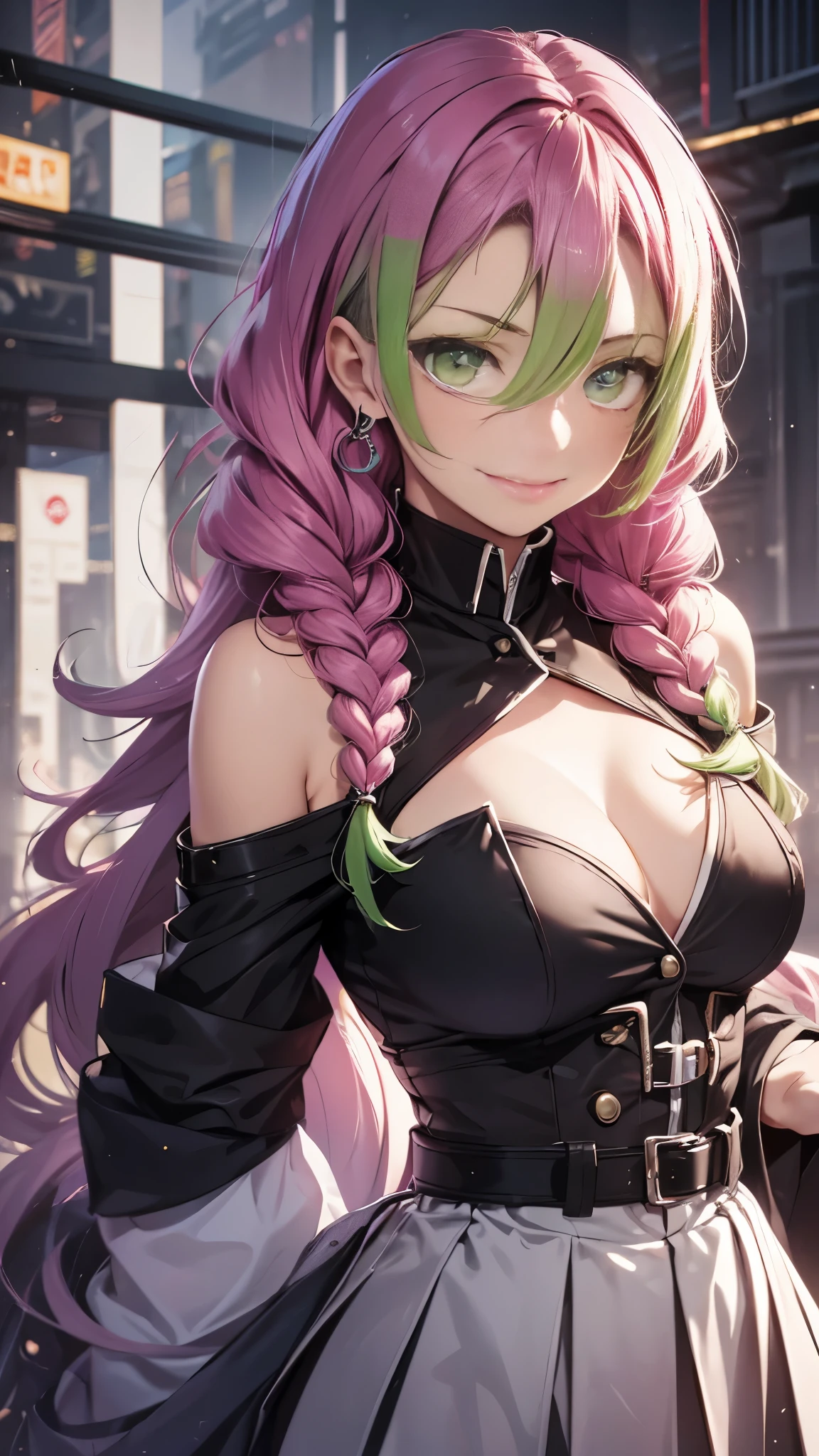 Mitsurikan Logi, Mitsuri Kanroji, Braid, gradient hair, (green eyes:1.5), green hair, long hair, mole, mole under the eyes, colorful hair, pink hair, Twin Braids, two tone hair,
brake belt, 黒のskirt, cleavage, coat, demon slayer uniform, Haori, generally, long sleeve, ミニskirt, partially unbuttoned, プリーツskirt, skirt, uniform,
break looking at viewer,
rest indoors,
break (table top:1.2), highest quality, High resolution, unity 8k wallpaper, (figure:0.8), (detailed and beautiful eyes:1.6), highly detailed face, perfect lighting, Highly detailed CG, (perfect hands, perfect anatomy),colorful hair, The whole body is reflected, (off shoulder costume:1.5), ((chest wide open and exposed)), (smile),