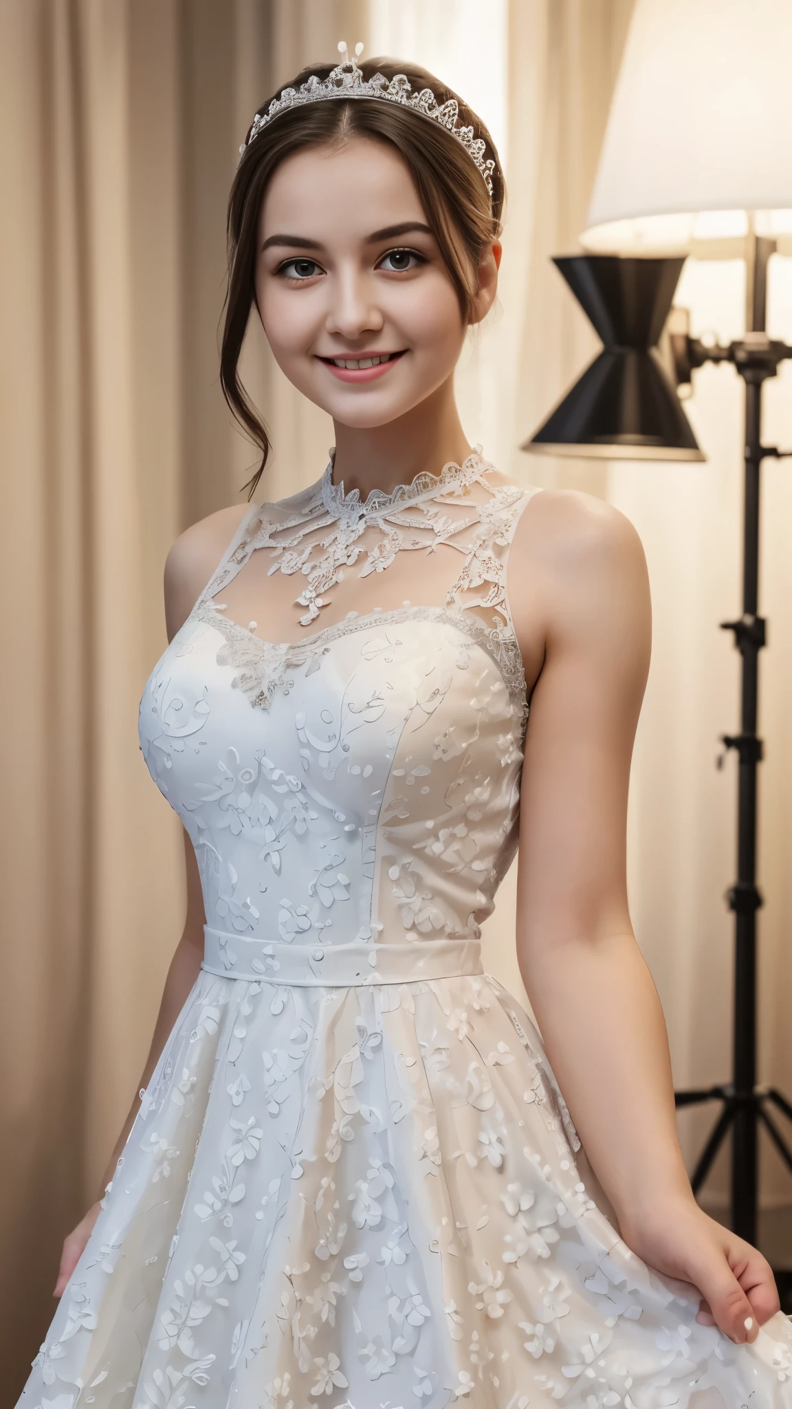 (high quality,ultra-detailed),beautiful detailed eyes,beautiful detailed lips,extremely detailed eyes and face,long eyelashe,white dress with panda pattern,cute,smiling,Russian woman,perfect proportions,perfect arms,perfect fingers,1 girl,15 years old,illustration,soft color palette,studio lighting.