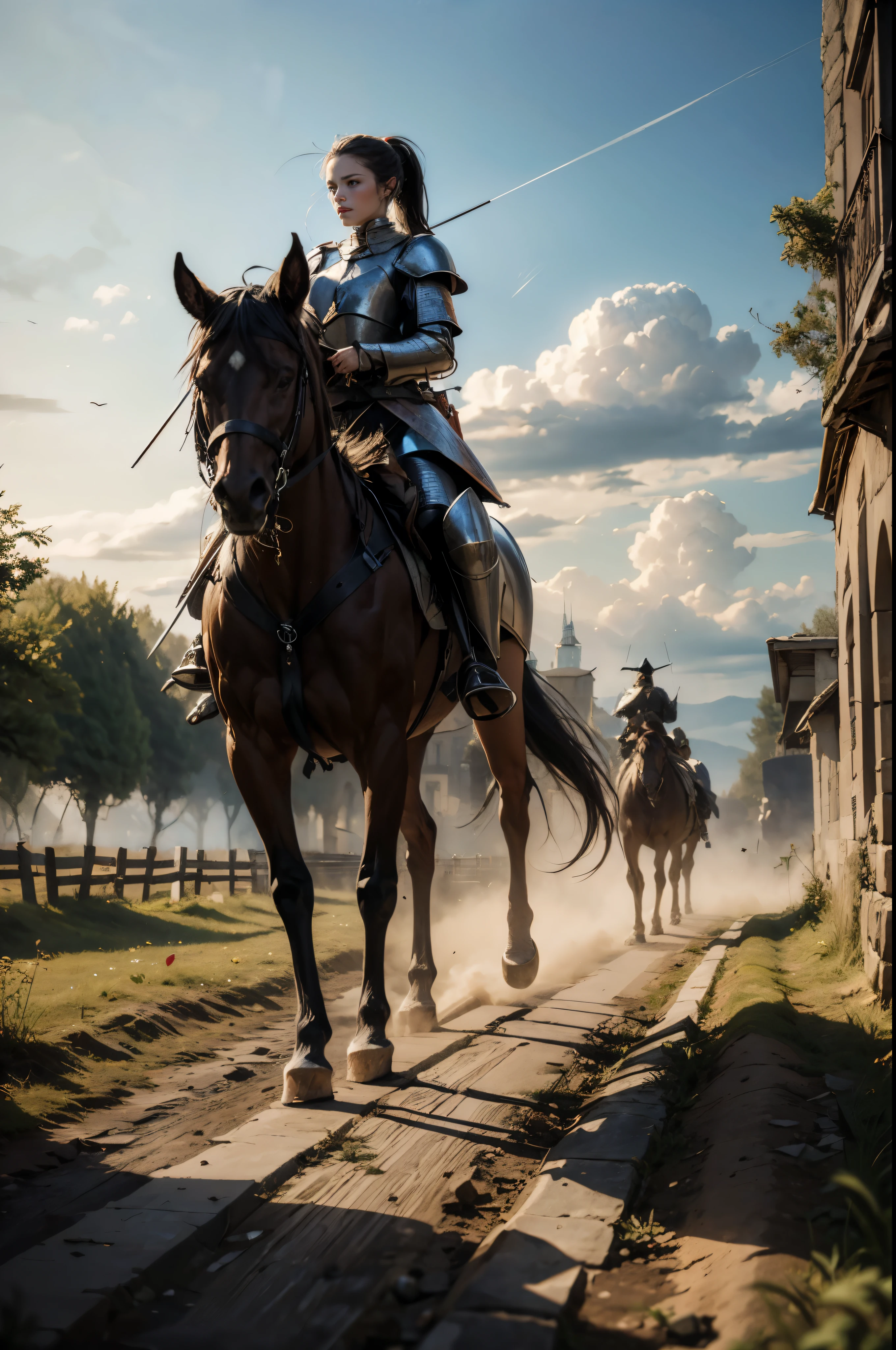 ((Wide angle view of the Hundred Years' War in France)), beautiful young woman, black hair in a ponytail, smooth, wear glasses, สวมชุดเกราะของ Jeanne d'Arc