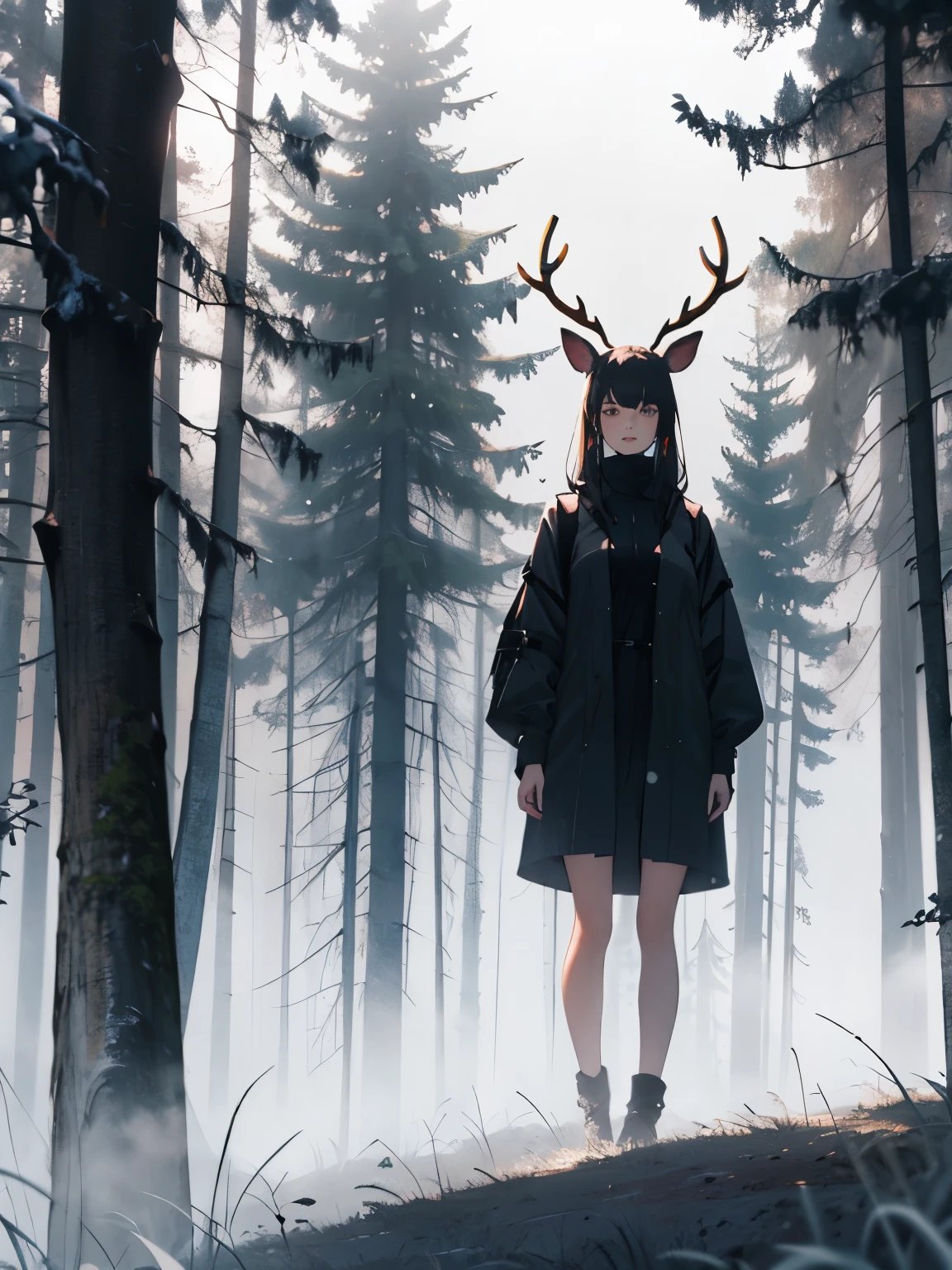 a girl with a deer's head,a misty gloomy forest around, horror
