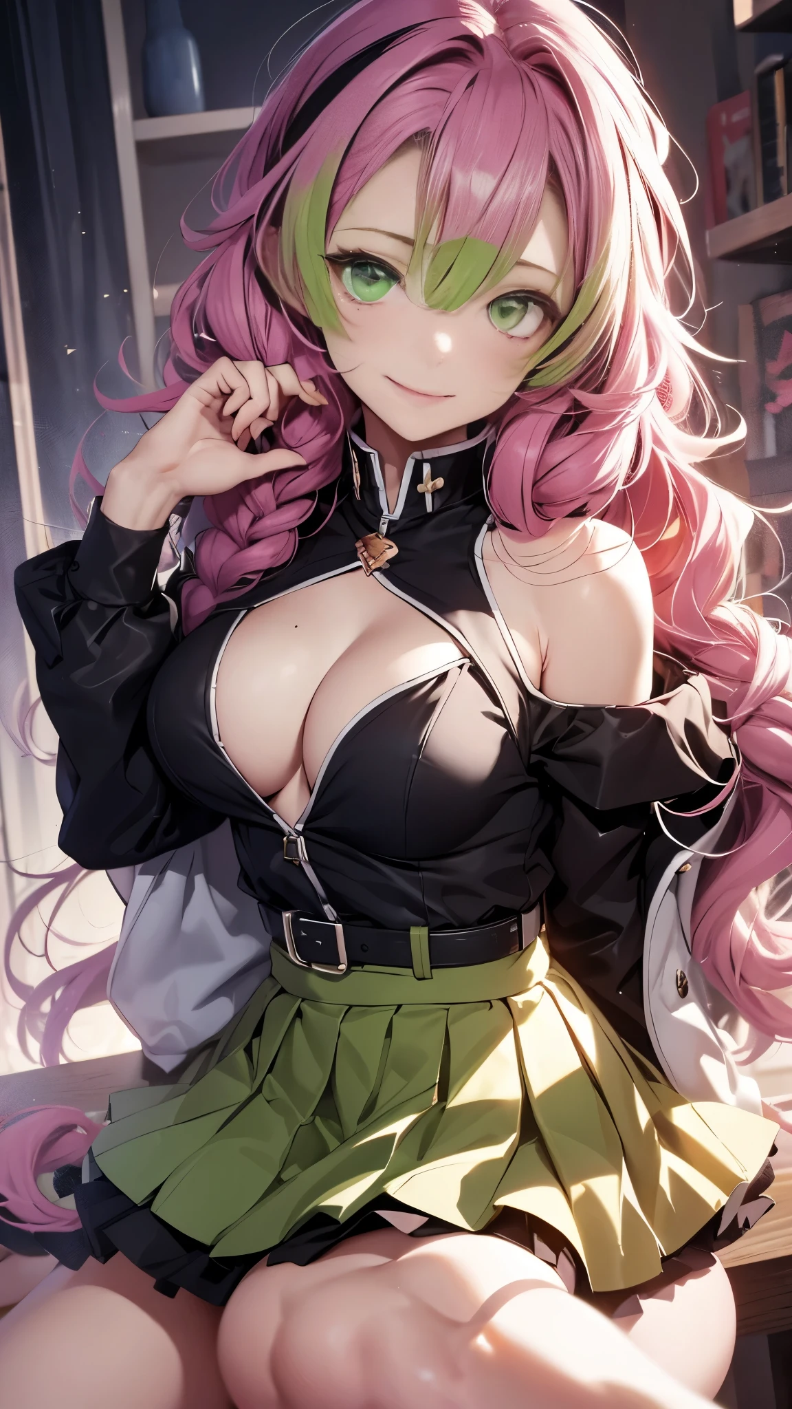Mitsurikan Logi, Mitsuri Kanroji, Braid, gradient hair, (green eyes:1.5), green hair, long hair, mole, mole under the eyes, colorful hair, pink hair, Twin Braids, two tone hair,
brake belt, 黒のskirt, cleavage, coat, demon slayer uniform, Haori, generally, long sleeve, ミニskirt, partially unbuttoned, プリーツskirt, skirt, uniform,
break looking at viewer,
rest indoors,
break (table top:1.2), highest quality, High resolution, unity 8k wallpaper, (figure:0.8), (detailed and beautiful eyes:1.6), highly detailed face, perfect lighting, Highly detailed CG, (perfect hands, perfect anatomy),colorful hair, The whole body is reflected, (off shoulder costume:1.5), ((chest wide open and exposed)), (smile),