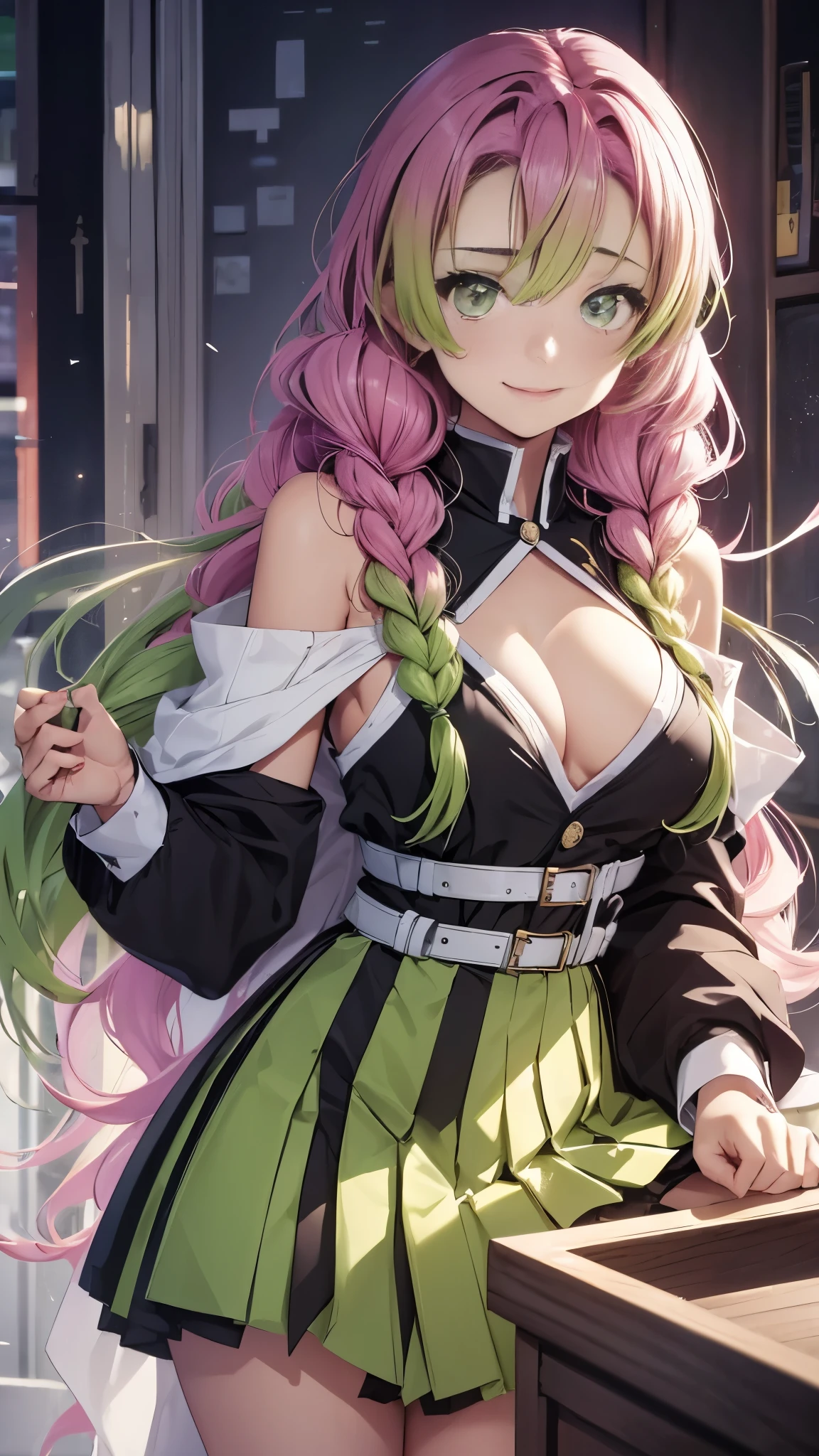 Mitsurikan Logi, Mitsuri Kanroji, Braid, gradient hair, (green eyes:1.5), green hair, long hair, mole,  mole under the eyes, colorful hair, pink hair, Twin Braids, two tone hair,
brake belt, 黒のskirt, cleavage, coat, demon slayer uniform, Haori, generally, long sleeve, ミニskirt,  partially unbuttoned, プリーツskirt, skirt, uniform,
break looking at viewer,
rest indoors,
break (table top:1.2), highest quality, High resolution, unity 8k wallpaper, (figure:0.8), (detailed and beautiful eyes:1.6), highly detailed face, perfect lighting, Highly detailed CG, (perfect hands, perfect anatomy),colorful hair, The whole body is reflected, (off shoulder costume:1.5), ((chest wide open and exposed)), (smile),