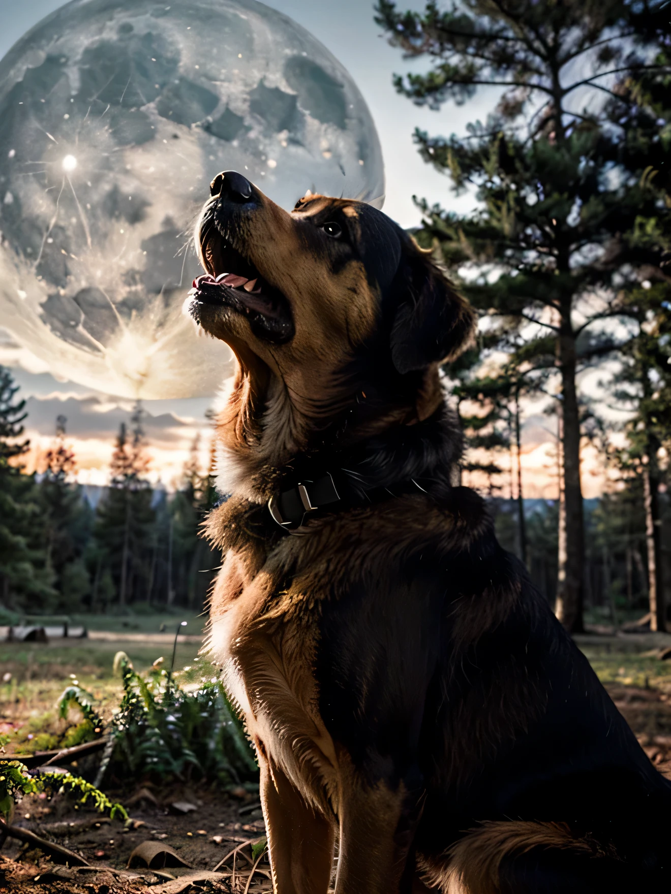 Detailed photography, dog howling, big moon background, forest environment