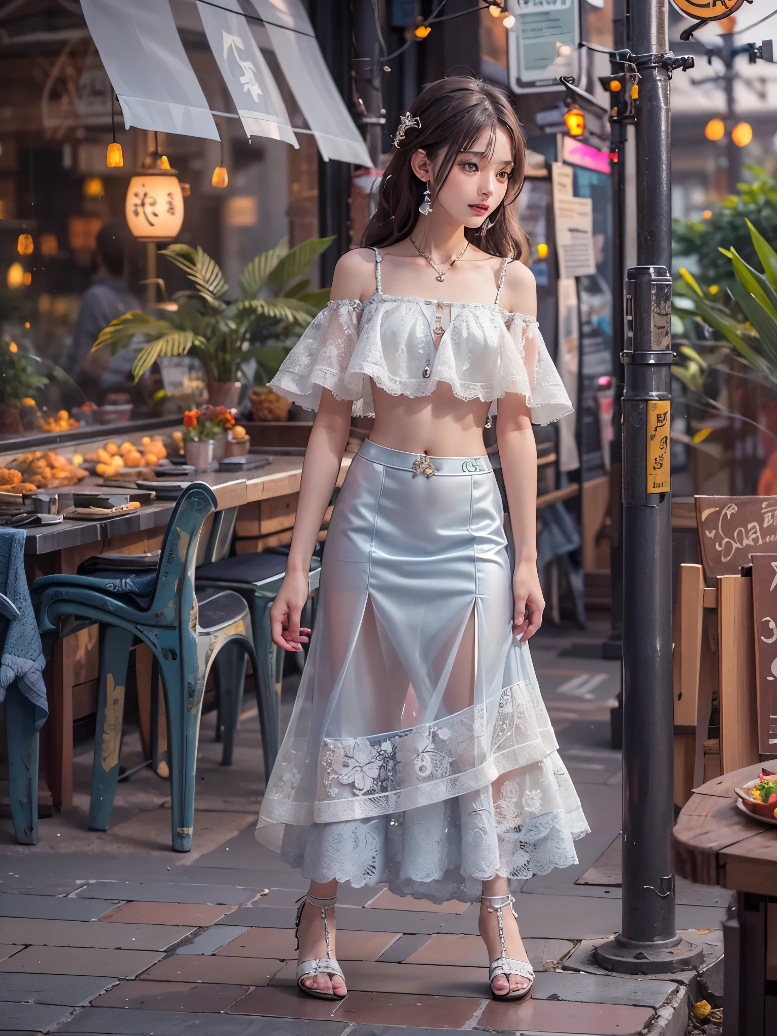 8k, RAW photo, top quality, masterpiece, realistic, photorealistic, clear, professional lighting, beautiful face, top quality, super high resolution.
         BREAK (whole body:1.5), (18 year old very beautiful Japanese girl:1.3)
  NSFW,

  Slender, very flat chested, very small breasts


  (The supermodel smiles confidently and strikes different poses in the photo shoot,:1.4)

  (A very stylish cafe terrace that is magically lit up at night:1.3)


(Multi-layer bell sleeve crop top with scalloped trim, :1.4), ((off-shoulder, bare belly):1.3), (Crochet lace embellishment.:1.2)(Multi-layer asymmetric low-leg flared leather skirt, :1.3)