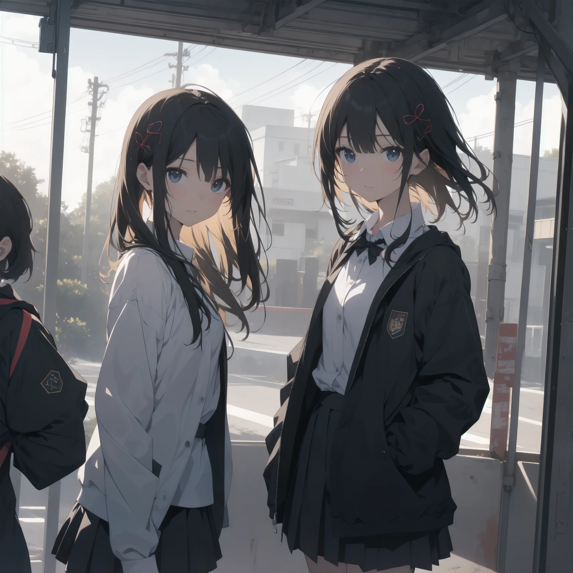 Super absurd quality by the god of art, super detailed, High resolution, anime moe art style, Best Anime 8K Kona-chan Wallpaper, pixiv contest winner, perfect anatomy, break,(眠そうにalone学校へ行く女の子を描いてください. )break,1 girl, (alone, woman, baby fears old:1., full finger,, The charm of an immature body, (very short hair), bangs, flat chest, Small Bodysuits, small ass, between legs, small black eyes, detailed and beautiful eyes, Well-proportioned iris and pupils, expressive eyes, sleepy eyes, High resolutionの詳細な髪, hair ornaments, neck ribbon, skirt, collared shirt, pleated skirt, school uniform, school bag,(detailed lighting), (detailed background), On the way to school. break,super dense skin, Best movie lighting by famous artists, 8k,cute illustration,photoshop_(Moderate),Absurd Hi-Res,Hmm,rough skin