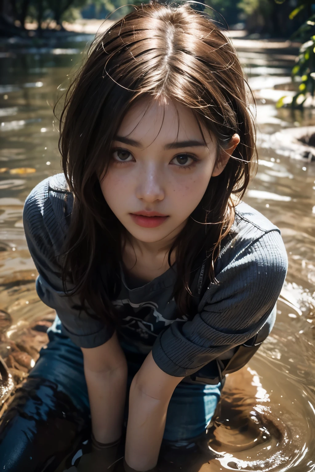 (highest quality,High resolution,masterpiece, overhead view:1.20),super detailed,female,jeans,wet shirt、in a swamp,Are standing:1.2, Mud stains、,dead animal floating in the mud、fetish, , (at the bottom of the mud:1.3),fetish ecstasy:1.2,Rough texture,heavy air、彼femaleの顔には憂鬱な表情が浮かんでいる,Pause,,feeling of hopelessness、,desperate look,Fell into darkness,Desolate terrain,eerie atmosphere,supernatural feeling,非対称のbangs, freckles、realistic skin texture, blonde short hair, bangs, freckles, brown eyes