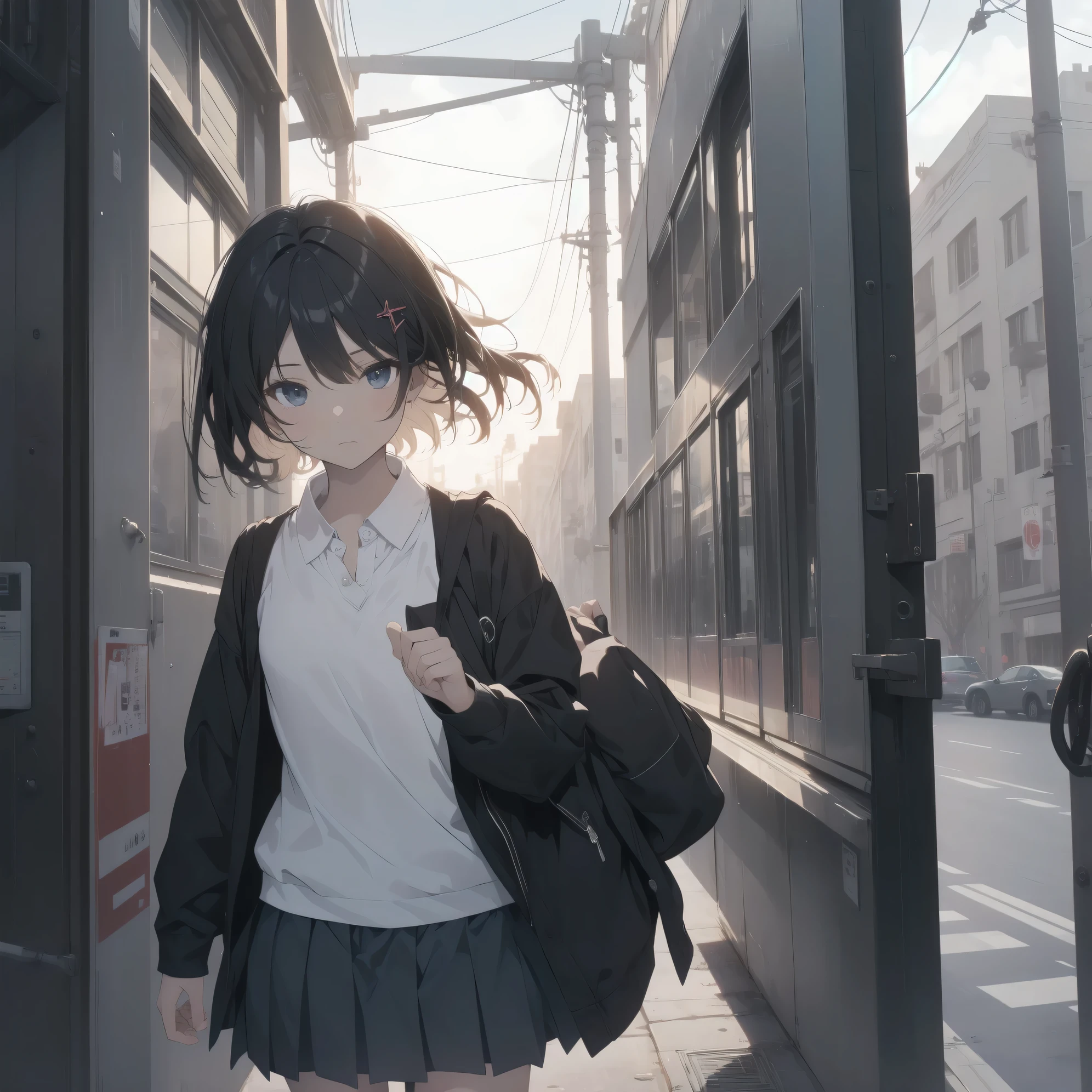 Super absurd quality by the god of art, super detailed, High resolution, anime moe art style, Best Anime 8K Kona-chan Wallpaper, pixiv contest winner, perfect anatomy, break,(眠そうにalone学校へ行く女の子を描いてください. )break,1 girl, (alone,little woman, baby face, 13 years old:1.3),All limbs, full finger,, The charm of an immature body, (very short hair), bangs, flat chest, Small Bodysuits, small ass, between legs, small black eyes, detailed and beautiful eyes, Well-proportioned iris and pupils, expressive eyes, sleepy eyes, High resolutionの詳細な髪, hair ornaments, neck ribbon, skirt, collared shirt,  pleated skirt, school uniform, school bag,(detailed lighting), (detailed background), On the way to school. break,super dense skin, Best movie lighting by famous artists, 8k,cute illustration,photoshop_(Moderate),Absurd Hi-Res,Hmm,rough skin
