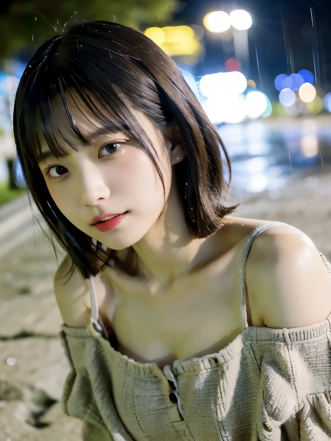 Best quality,raw photo , 19 years old Japanese female idol, from above , face focus , face closeup ,
selfie,lying on Ground, ((off-the-shoulder top , cold shoulder top , clavicle , bare shoulders ,breast cleavage ,))Short hair, bowl cut ,cute face ,edgy,droop ,clavicle,murky water , overflowing ,wet ,selfie, pale skin,on the beach, rain,night,