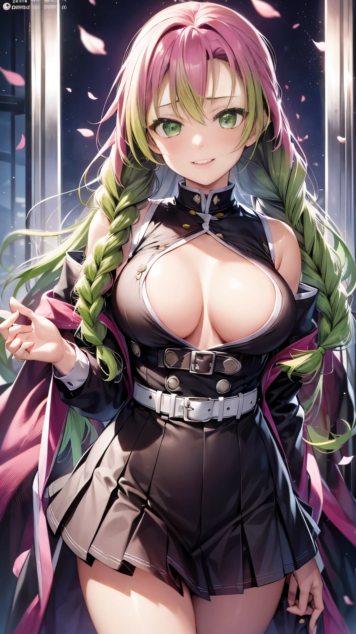 Mitsurikan Logi, Mitsuri Kanroji, Braid, gradient hair, (green eyes:1.5), green hair, long hair, mole, mole under the eyes, colorful hair, pink hair, Twin Braids, two tone hair,
brake belt, 黒のskirt, cleavage, coat, demon slayer uniform, Haori, generally, long sleeve, ミニskirt, partially unbuttoned, プリーツskirt, skirt, uniform,
break looking at viewer,
rest indoors,
break (table top:1.2), highest quality, High resolution, unity 8k wallpaper, (figure:0.8), (detailed and beautiful eyes:1.6), highly detailed face, perfect lighting, Highly detailed CG, (perfect hands, perfect anatomy),colorful hair, The whole body is reflected, (off shoulder costume:1.5), ((chest wide open and exposed)), (smile),
