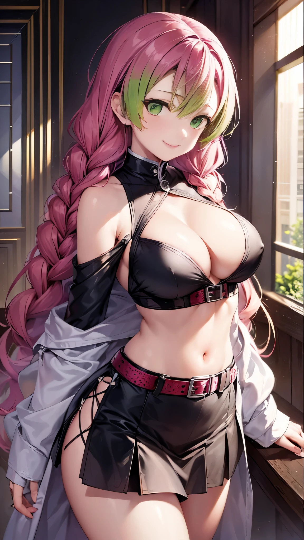 Mitsurikan Logi, Mitsuri Kanroji, Braid, gradient hair, (green eyes:1.5), green hair, long hair, mole,  mole under the eyes, colorful hair, pink hair, Twin Braids, two tone hair,
brake belt, 黒のskirt, cleavage, coat, demon slayer uniform, Haori, generally, long sleeve, ミニskirt,  partially unbuttoned, プリーツskirt, skirt, uniform,
break looking at viewer,
rest indoors,
break (table top:1.2), highest quality, High resolution, unity 8k wallpaper, (figure:0.8), (detailed and beautiful eyes:1.6), highly detailed face, perfect lighting, Highly detailed CG, (perfect hands, perfect anatomy),colorful hair, The whole body is reflected, (off shoulder costume:1.5), ((chest wide open and exposed)), (smile),