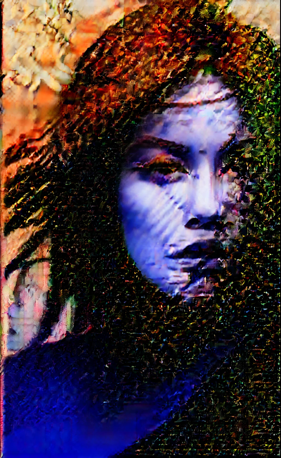 abstract female portrait,undefined hair,red and black color palette,blurred boundaries,upper body,fragmented visual style,evokes feelings of rebellion and passion,