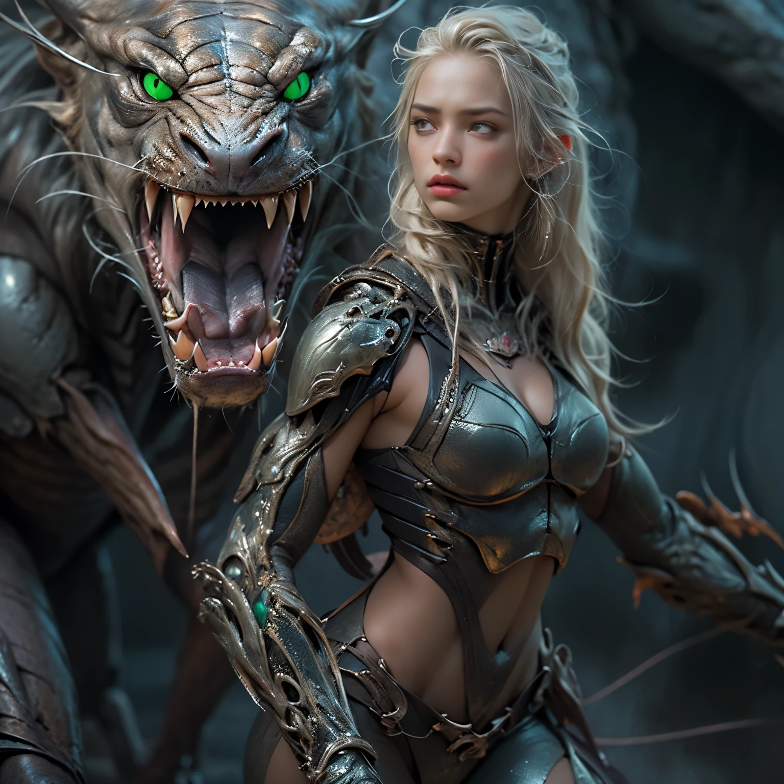 1 female alien, The predator, (extremely beautiful:1.2), (intense gaze:1.4), (predator:1.1), long dark claws, (NSFW:1), nipples, thick eyebrows, (She has shining emerald eyes:1.2), the most beautiful face in the universe, platinum hair, symmetrical beautiful eyes, hyper detailed eyes,
A woman predator with an extremely beautiful face, her intense gaze fixed on her prey, a primal force that could not be denied.
(beautiful lean body:1.5), (muscular build:1.2), (prowling:1.3), (sleek movements:1.4)
Her beautiful body, muscular and toned, moved with sleek grace as she prowled, ready to strike at a moment's notice. The predator within her was always on,
cinematic drawing of characters, ultra high quality model, cinematic quality, detail up, (Intricate details:1.2), High resolution, High Definition, drawing faithfully, Official art, Unity 8K wall , 8K Portrait, Best Quality, Very High resolution, ultra detailed artistic photography,