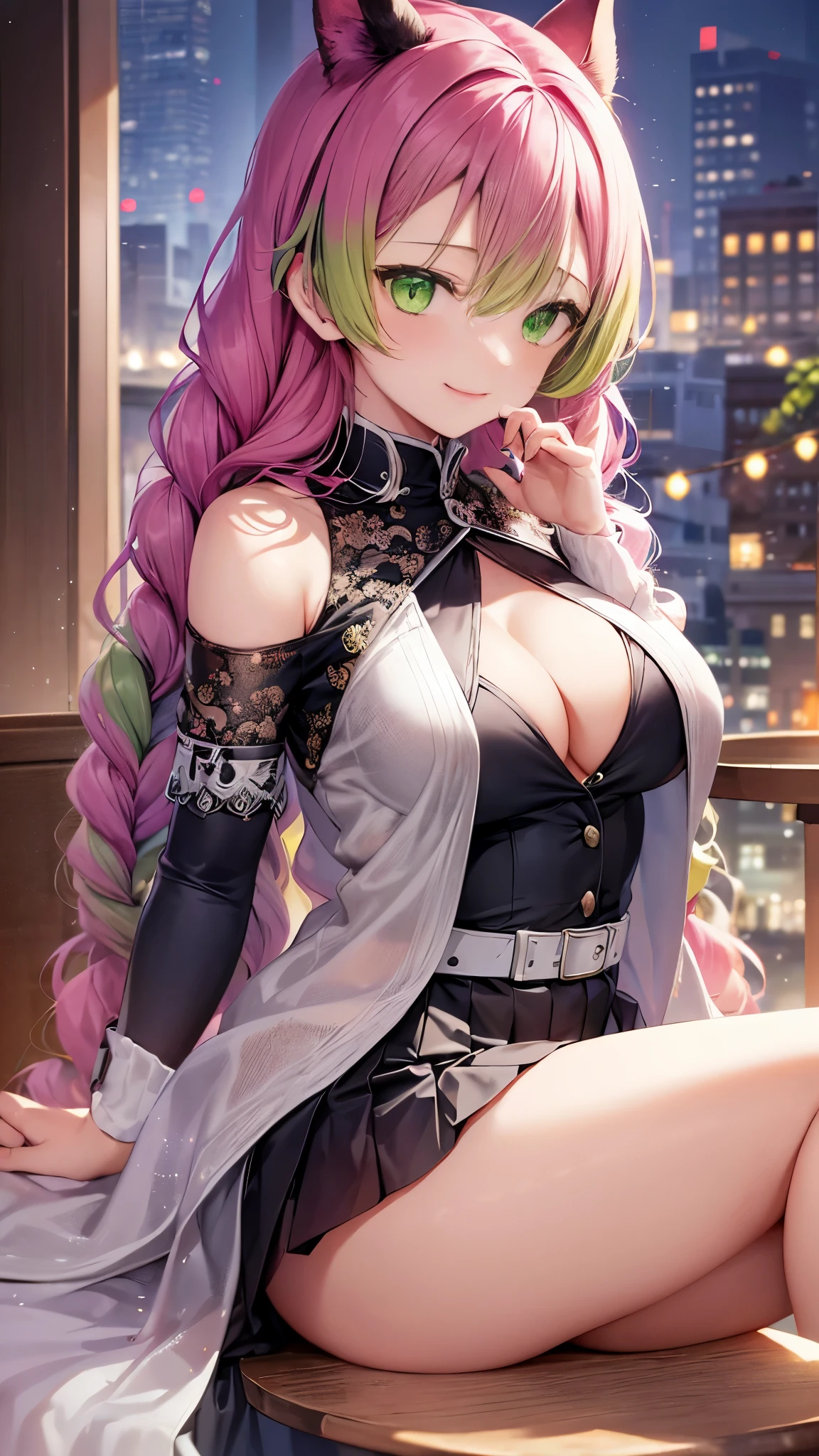 Mitsurikan Logi, Mitsuri Kanroji, Braid, gradient hair, (green eyes:1.5), green hair, long hair, mole,  mole under the eyes, colorful hair, pink hair, Twin Braids, two tone hair,
brake belt, 黒のskirt, cleavage, coat, demon slayer uniform, Haori, generally, long sleeve, ミニskirt,  partially unbuttoned, プリーツskirt, skirt, uniform,
break looking at viewer,
rest indoors,
break (table top:1.2), highest quality, High resolution, unity 8k wallpaper, (figure:0.8), (detailed and beautiful eyes:1.6), highly detailed face, perfect lighting, Highly detailed CG, (perfect hands, perfect anatomy),colorful hair, The whole body is reflected, (off shoulder costume:1.5), ((chest wide open and exposed)), (smile),