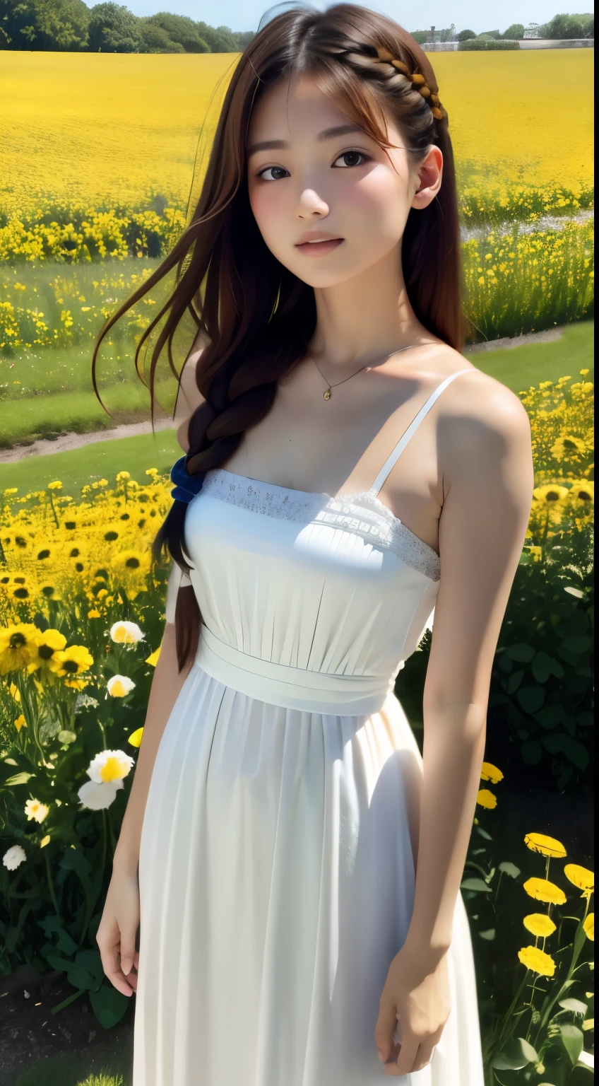 realistic, High resolution, soft light,1 female, １６age、、Japanese、alone, waist rises high, glowing skin, (detailed face),jewelry, brown hair,french braid、white_Dress Flower Field,(dynamic angle:1.1),Brilliant,Soft and warm color palette, delicate brushstrokes, Targeted use of light and shadow, wide shot,The deliciousness of wilted flowers,high contrast,color contrast,Masseter muscle part:1.3、