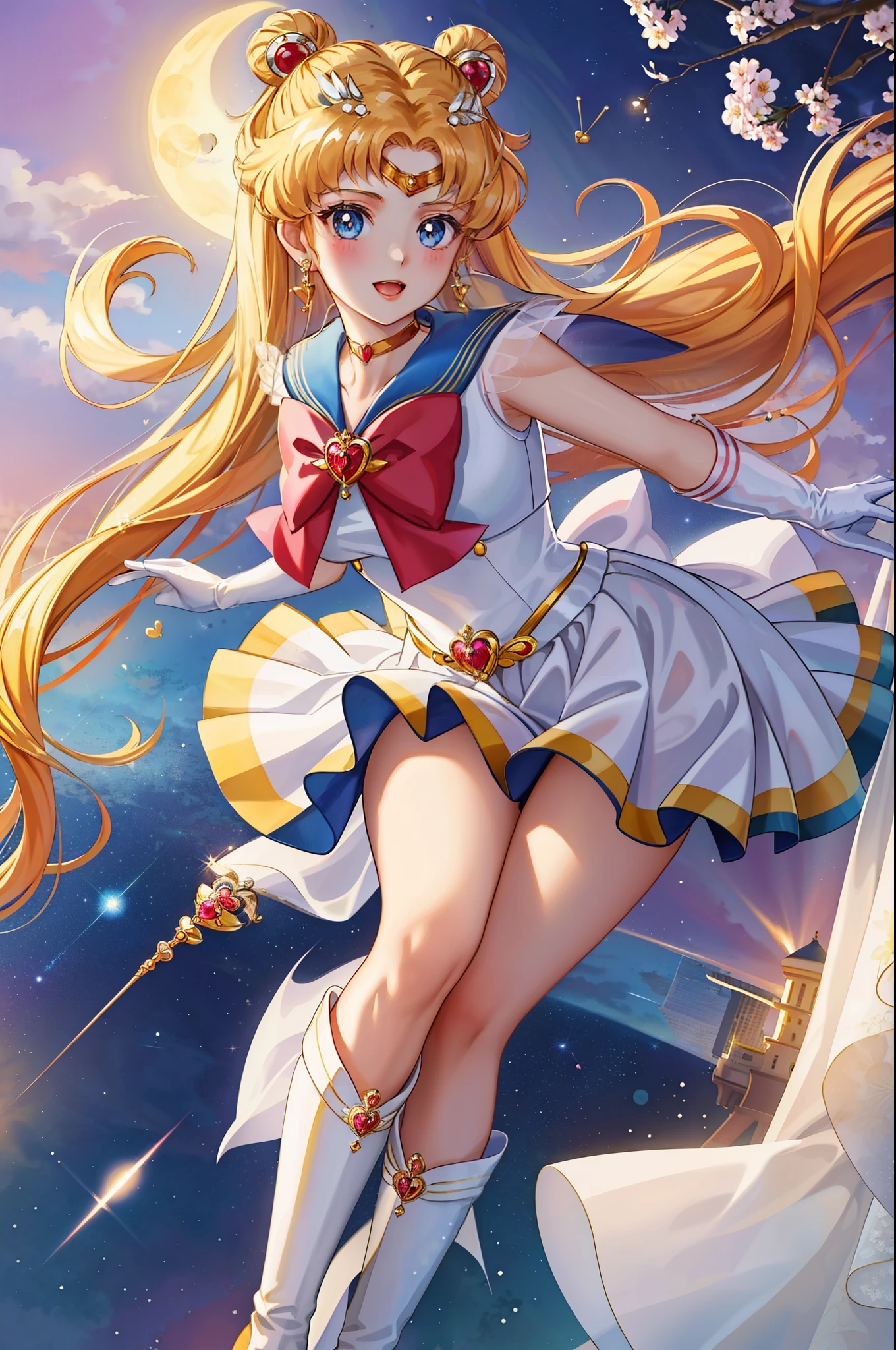masterpiece, best quality, close-up,(1girl), supersailormoon, detailed face, happy, face focus, cowboy shot, nigh sky, moonlight, moon, sakura trees, city at night, white gloves, detailed eyes, detailed face, galaxy background, detailed background, multicolored clothes, sailor senshi uniform, multicolored skirt, hair ornament, red bow, brooch, heart brooch, earrings, crescent, heart choker, heart, miniskirt, very long hair, back bow, crescent earrings, tiara, yellow choker, boots, knee boots, red footwear
