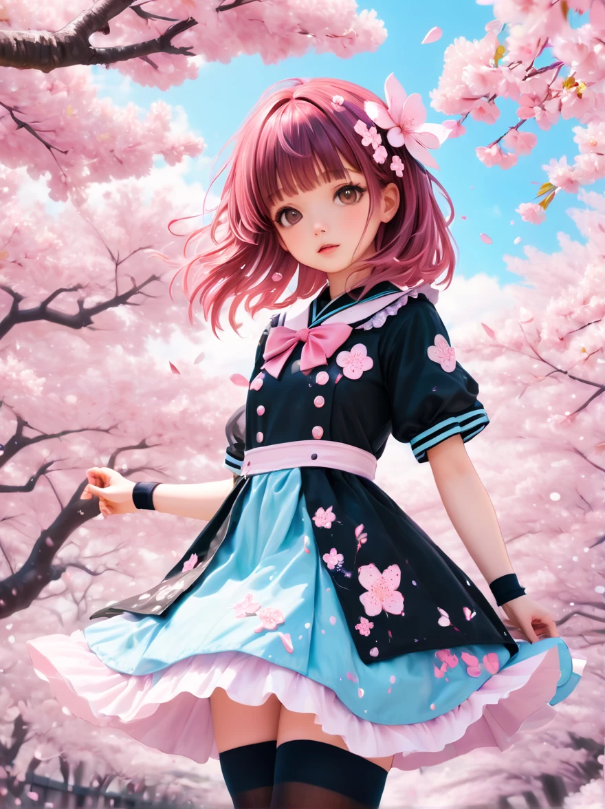 ((Psychedelic Sakura Space , Very detailed, Vibrant Color Lisa Candid Style,Sakura girl, Layered art, Sakura petals fell gently around her))。She has flowing cherry blossom hair,Quiet and sweet expression,(Wearing a dress with a cherry blossom pattern, black socks,Lolita costume,crystal shoes),pastel color palette,The ethereal beauty of blooming cherry blossoms。Rich details,花瓣的细腻纹理以及Sakura girl表情所传达的微妙情感,(anatomically correct)