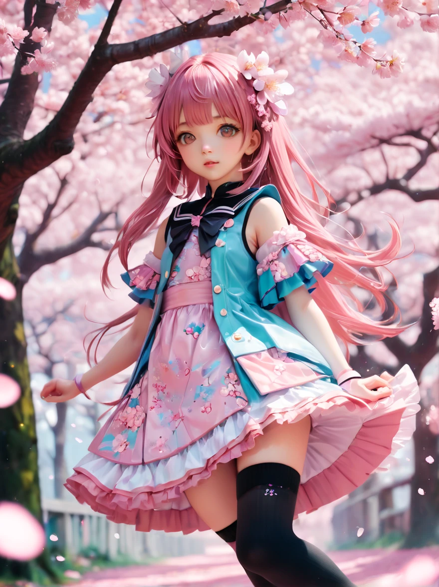 masterpiece、top-quality、perfect anatomia、nice hand:1.2)、1girl in、独奏、Beautiful girl walking in the park、long pink hair、springtime、Flowering trees、Sakura、Green grass、a park、Standing split、squatting with spread her legs、Wearing light black stockings、stockings、pink sailor suit、The chest is open、a miniskirt、Wearing pink high heels、Wearing thin-rimmed glasses、Wearing a red tie、Large, perfectly shaped breasts、Rabbit ears on the head、Charming face、a smile、Cute round face、girl with,Perfect promotion、Balance between face and body、、Height 168cm、There is one rabbit on the ground、slender long legs
