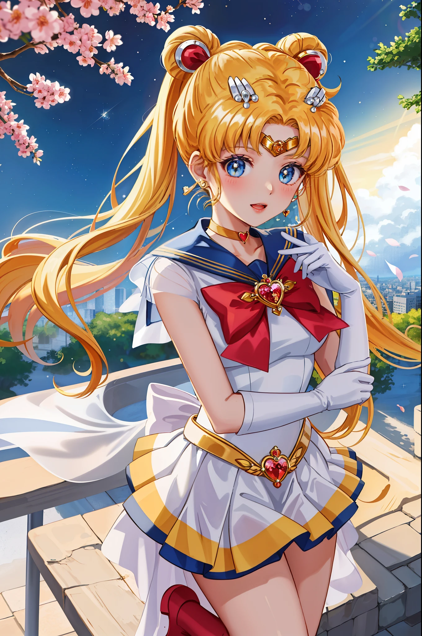 masterpiece, best quality, close-up,(1girl), supersailormoon, detailed face, happy,  face focus, cowboy shot, nigh sky, moonlight, moon, sakura trees, city at night,  white gloves, detailed eyes, detailed face,  galaxy background, detailed background, multicolored clothes, sailor senshi uniform, multicolored skirt, hair ornament, red bow, brooch, heart brooch, earrings, crescent, heart choker, heart, miniskirt, very long hair, back bow, crescent earrings, tiara, yellow choker, boots, knee boots, red footwear