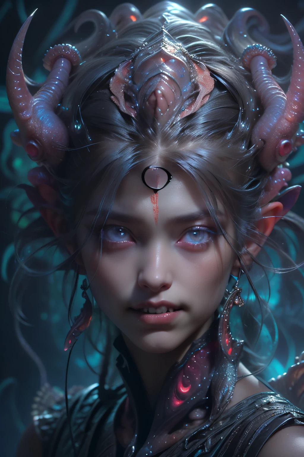 (Portrait of a beautiful yet frightening female creature:1.4), ((There is a female genital-like organ in the middle of the forehead:1.8)), (realistic face:1.2), Super realistic transparent skin, she is very sleepy, (Number of award-winning masterpieces, incredibly detailed, Texture and maximum detail), midnight aura, unreal engine 5, super sharp focus, midnight aura, unreal engine 5, super sharp focus, (art by Amano Yoshitaka:1.5), germ of art, Reusch, intricate artwork, ultra realistic realism, High resolution, High freshness, draw faithfully, official art, unity 8k wallpaper, highly detailed artistic photography, dream-like, fantasy creation, dream snail, (biopunk nautilus:1.3),thrilling color scheme, amazing mutation, She has a beautiful body with a golden ratio, goddess of the deep sea, fractal, Geometric pattern, An impossible number of transparent white tentacles with luminescent organs:1.4), Subtle emerald green accents, (smile seductively:1.3),(she has the most beautiful face in the history of the universe:1.5), (She looks down at the viewer with glowing blue eyes without pupils:1.3), an evil gaze that seduces, cinematic lighting, (no makeup:1.3), (From the gap between your cute lips, Long canine teeth peeking out like a vampire:1.5), in the palace hall, A sweet sigh leaks from her beautiful lips with an ecstatic expression on her face., Numerous hair-like translucent tentacles grow on its head.. cheerful smile
