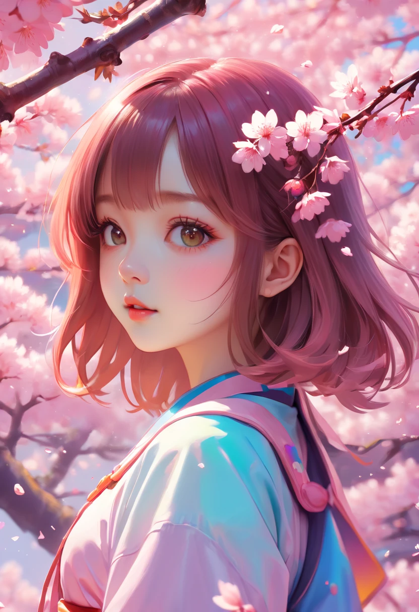 Psychedelic Sakura Space , Very detailed, Vibrant Color Lisa Candid Style,Sakura girl, Layered art, Sakura petals fell gently around her, pastel color palette，The ethereal beauty of blooming cherry blossoms。Rich details，花瓣的细腻纹理以及Sakura girl表情所传达的微妙情感